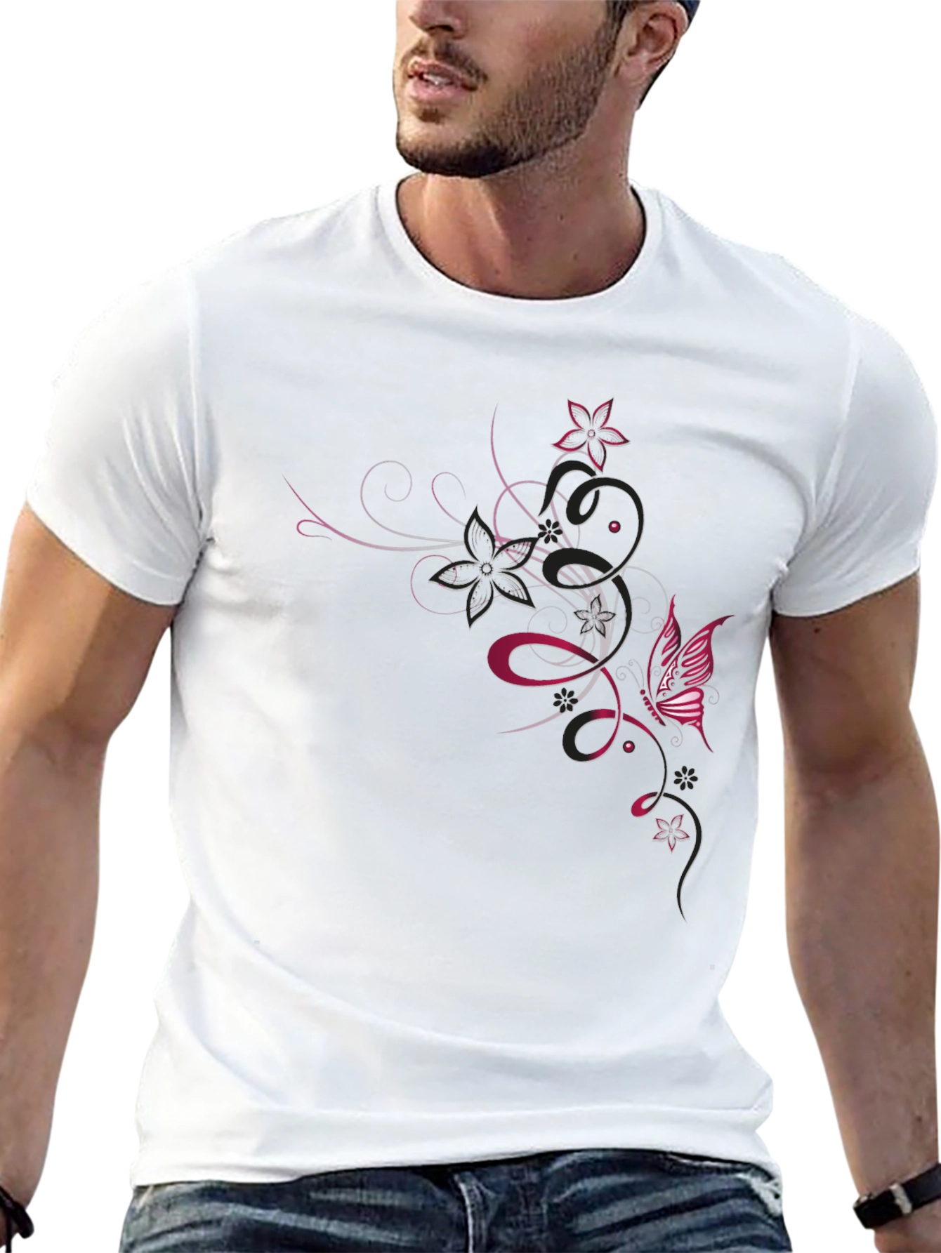Black T-Shirt with Floral Butterfly Design