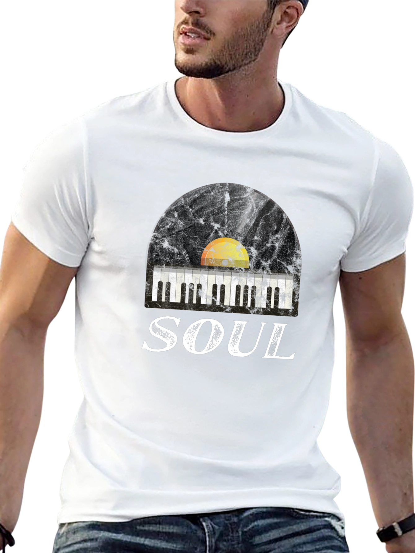 Soul Music Graphic Tee: Retro Vinyl & Piano Design