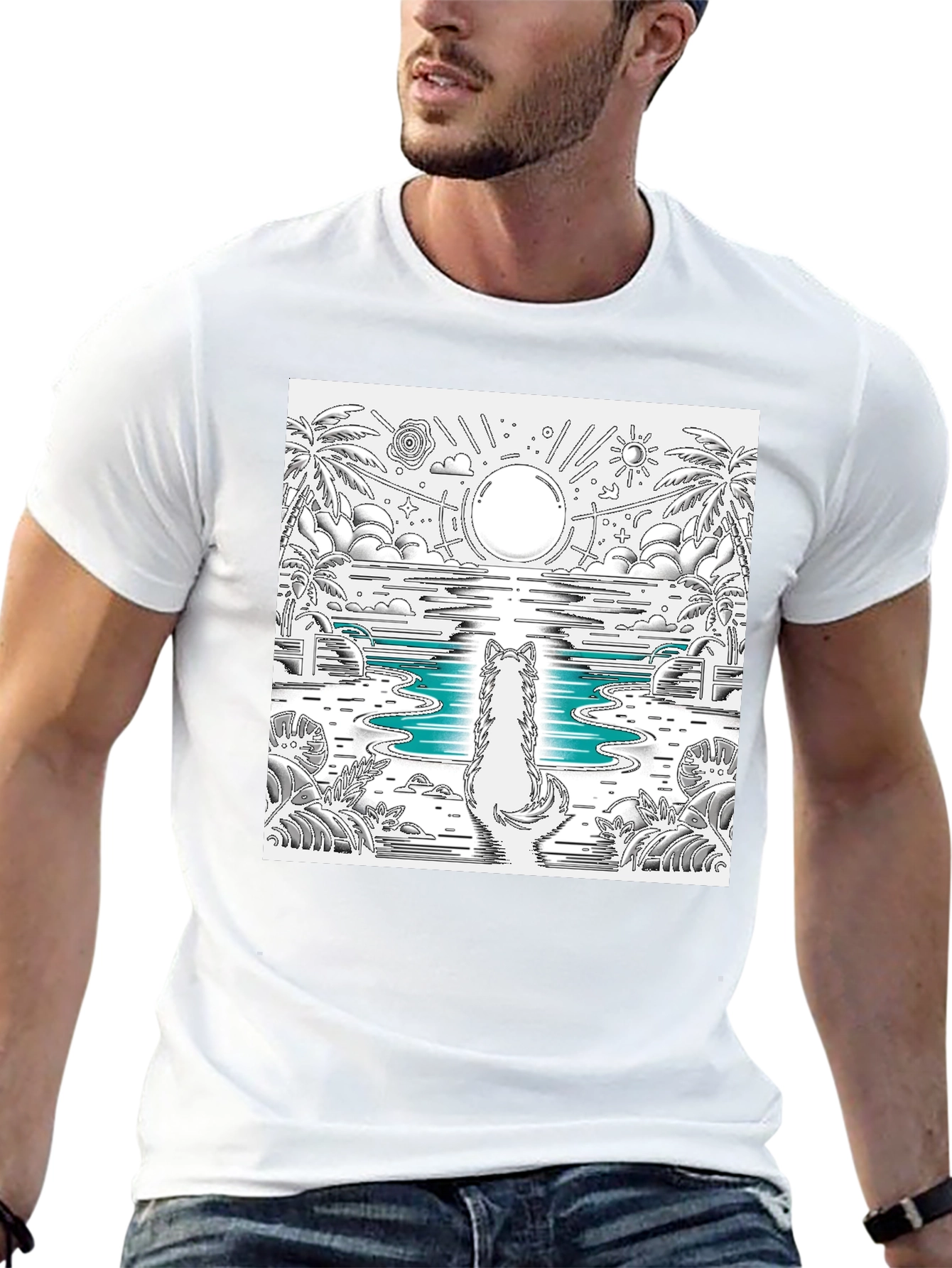 Wolf Sunset Beach Graphic Tee - Black Cotton Blend