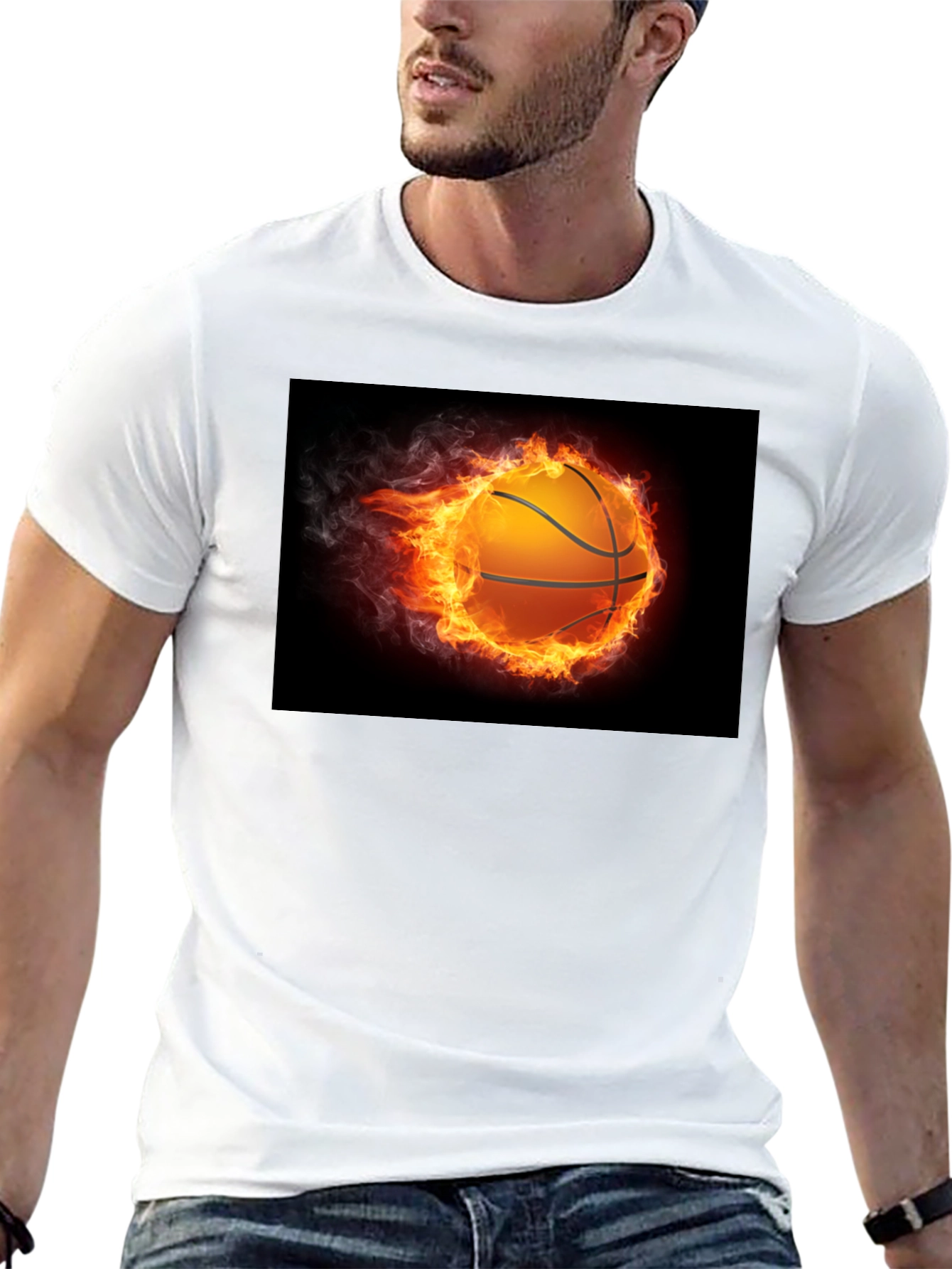 Flaming Basketball Graphic Tee - Black Cotton Shirt