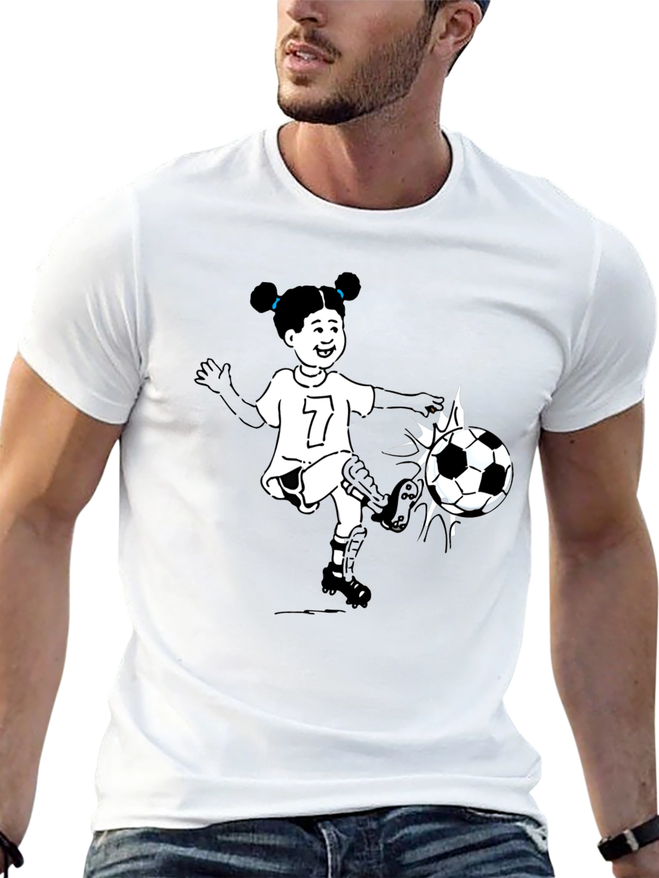 Cartoon Girl Soccer Player Black T-Shirt
