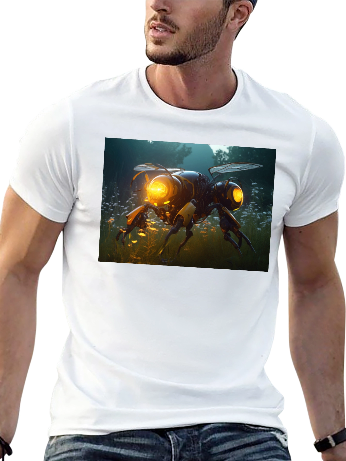 Robotic Bee Graphic Tee - Black Cotton T-Shirt