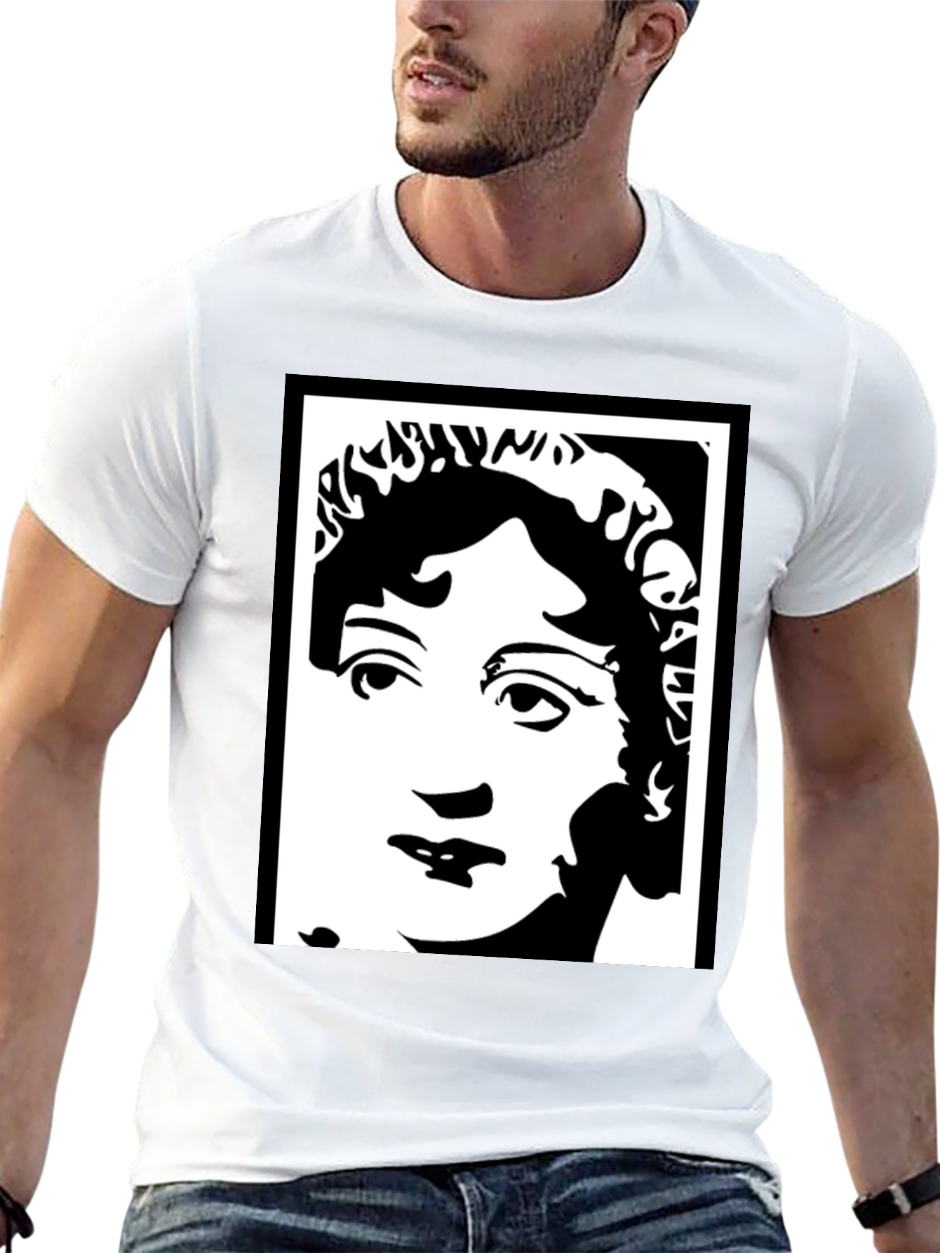 Black T-Shirt with White Portrait Graphic