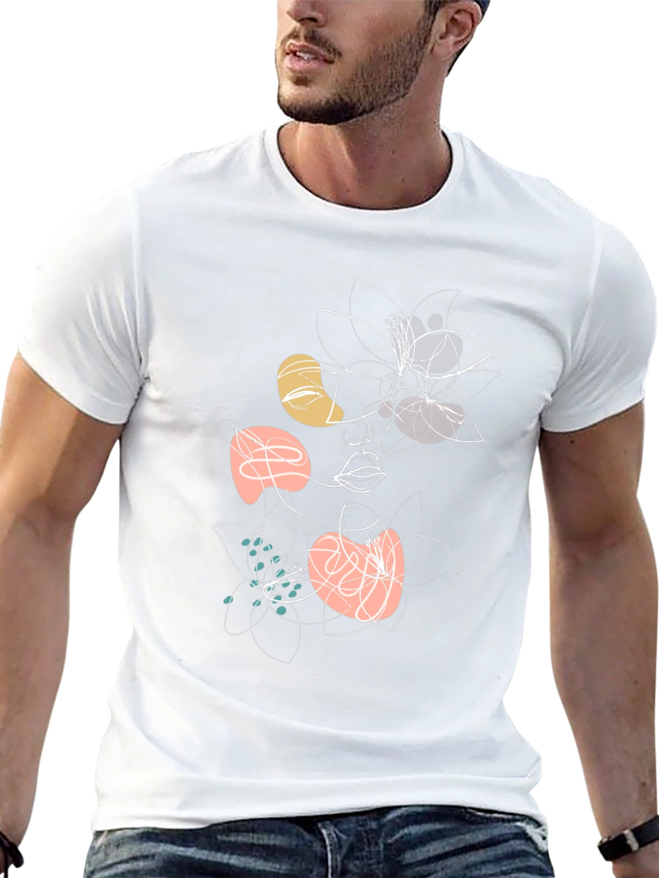 Abstract Floral Face Graphic Black T-Shirt