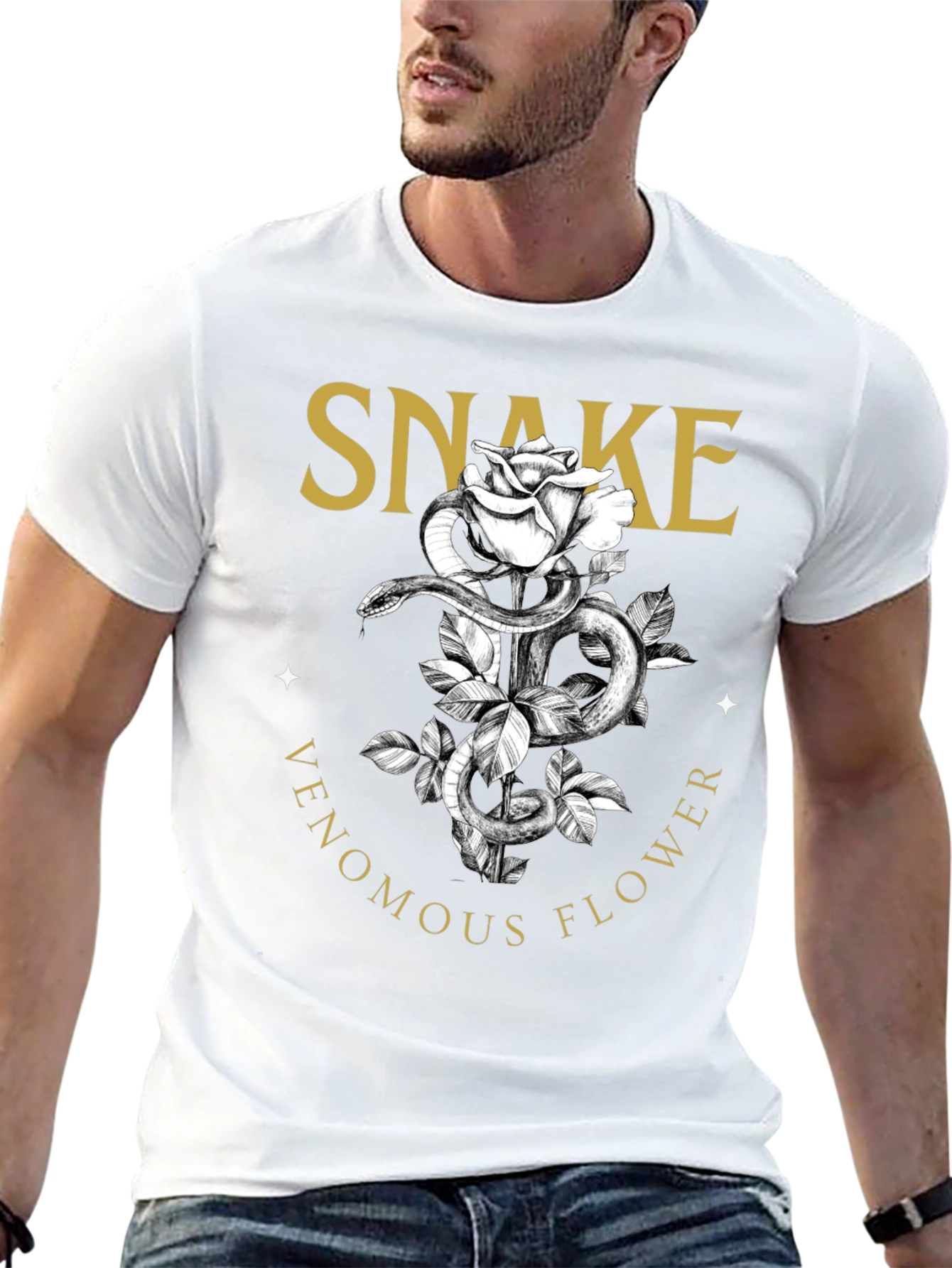 Snake Venomous Flower T-Shirt - Graphic Print Black Tee