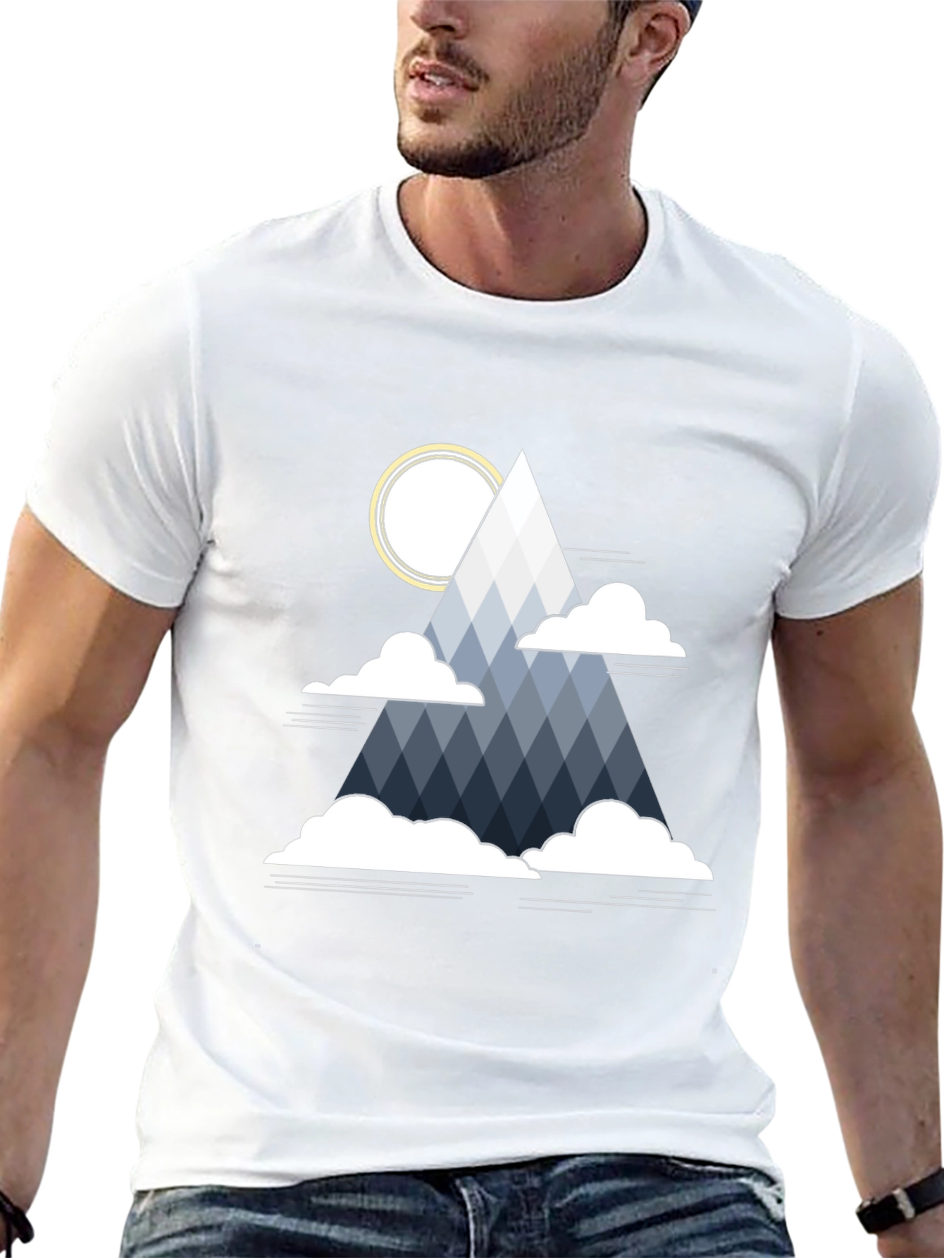 Geometric Mountain & Sun Graphic Tee - Black