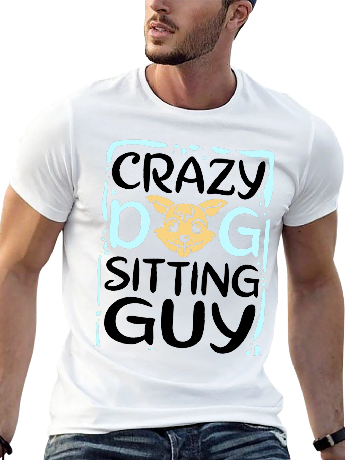 Crazy Dog Sitting Guy Black T-Shirt