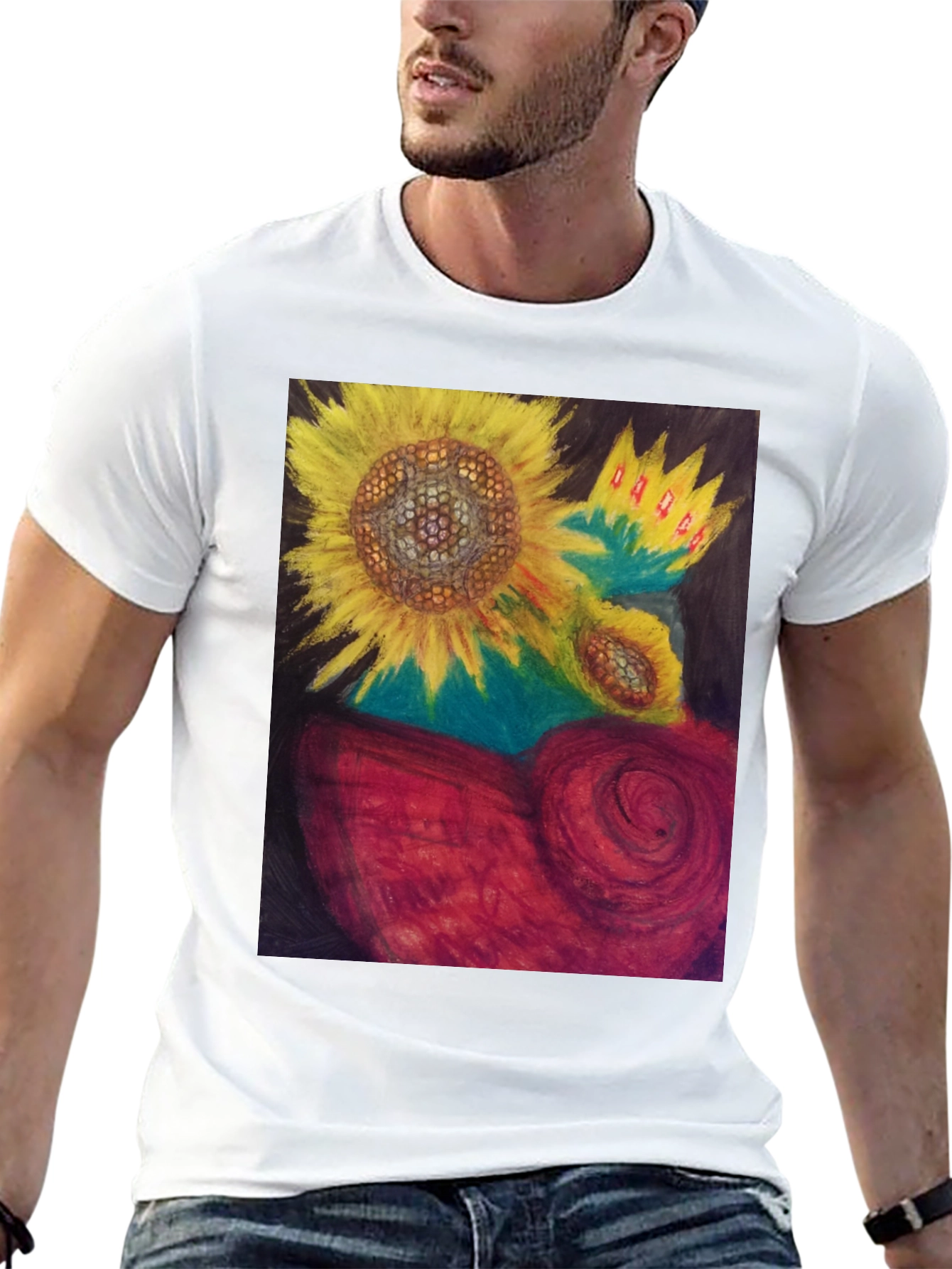 Sunflower Heart Graphic Tee - Artistic Black T-Shirt