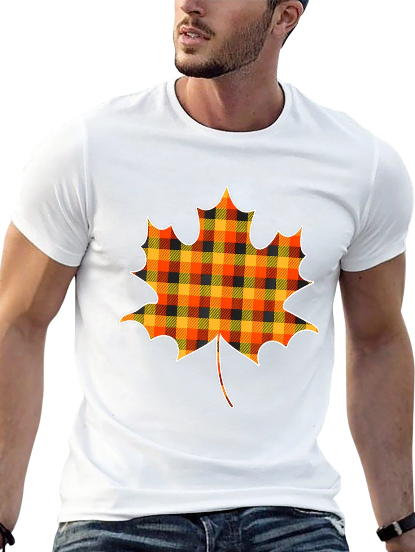 Plaid Maple Leaf T-Shirt Fall Tee