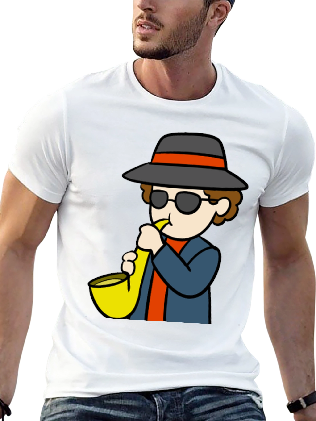 Saxophone Player Cartoon Black T-Shirt