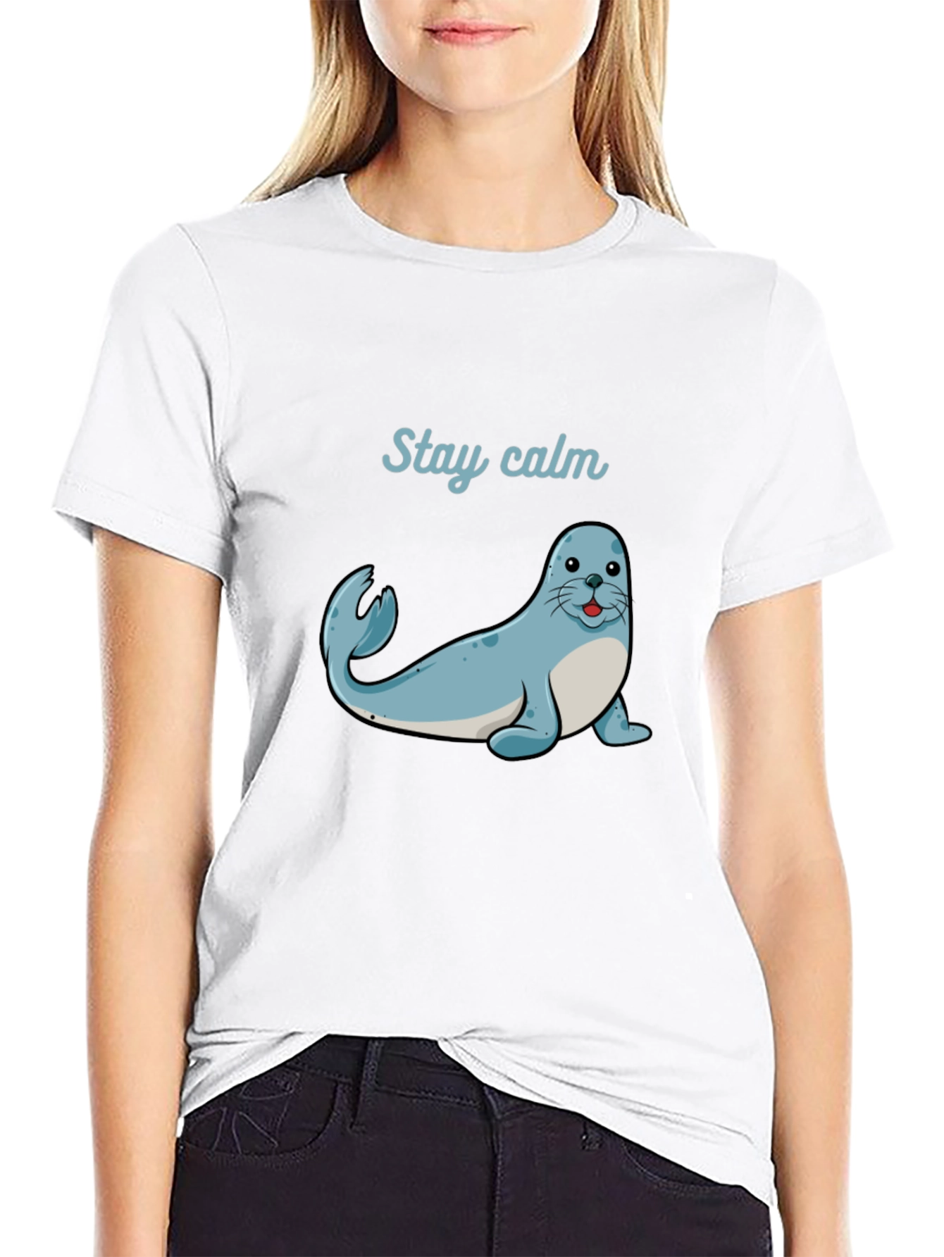 Stay Calm Seal Graphic Tee - Black Cotton T-Shirt