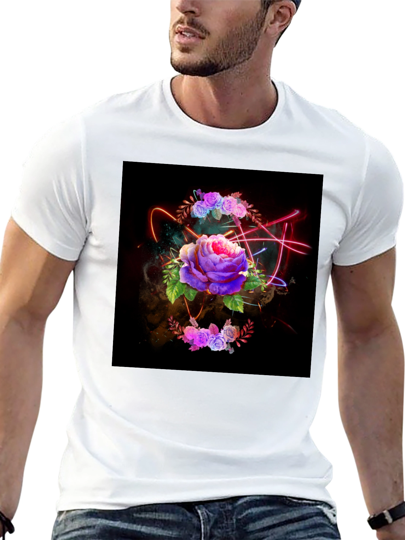 Floral Neon T-Shirt - Artistic Dark Design