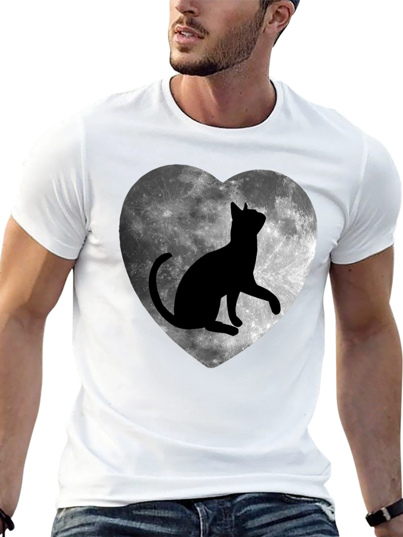 Moon Cat Heart T-Shirt - Black Graphic Tee