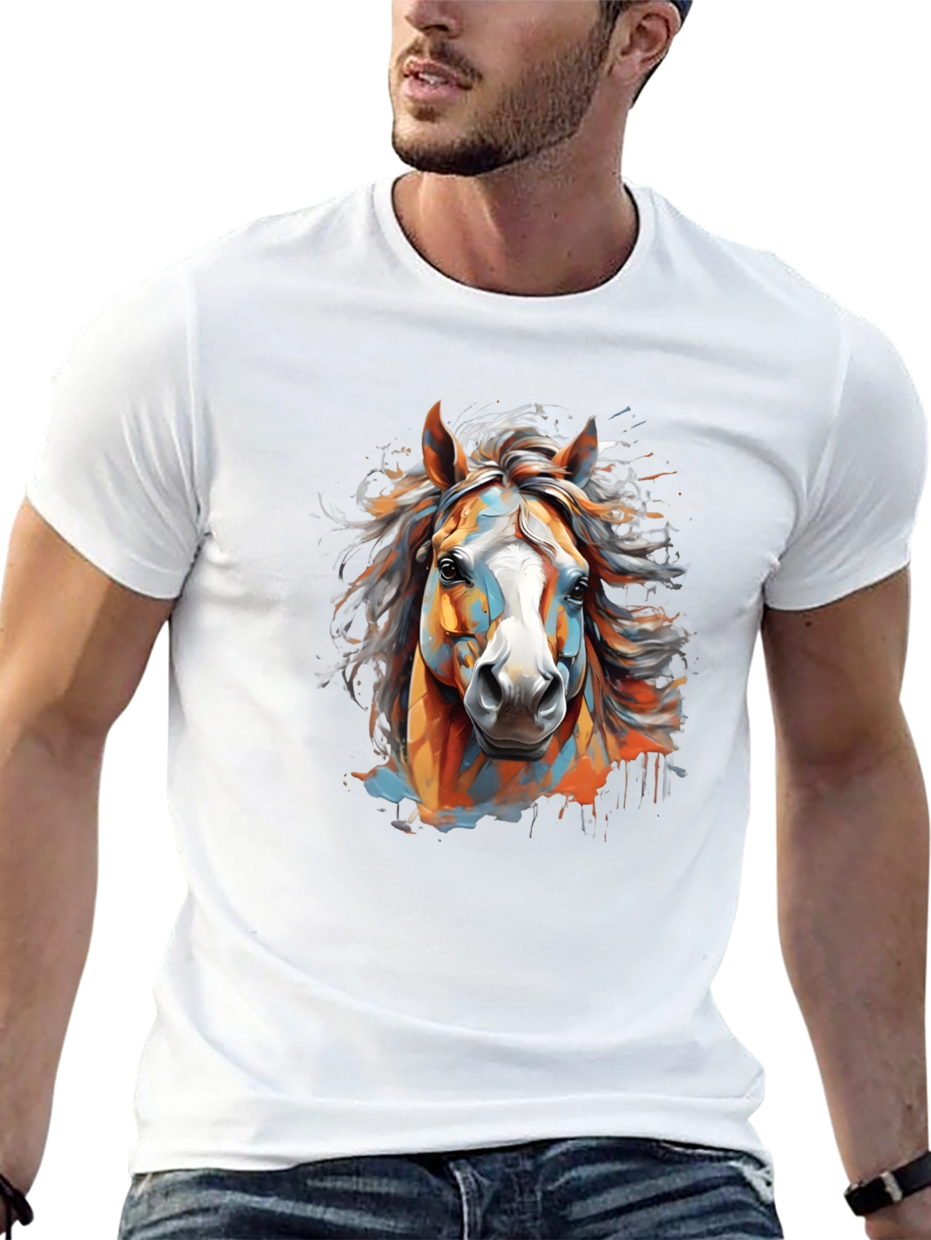 Vibrant Horse Graphic Tee - Black Cotton T-Shirt