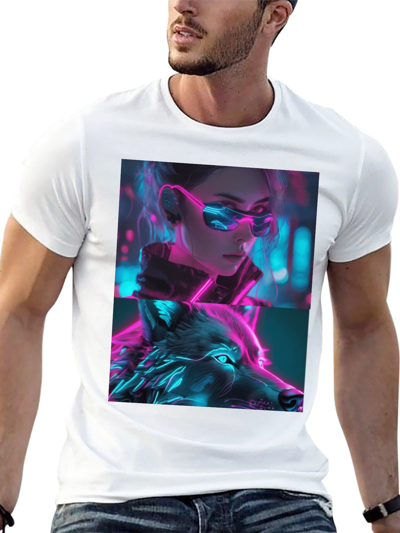 Neon Cyberpunk Girl & Wolf Graphic Tee