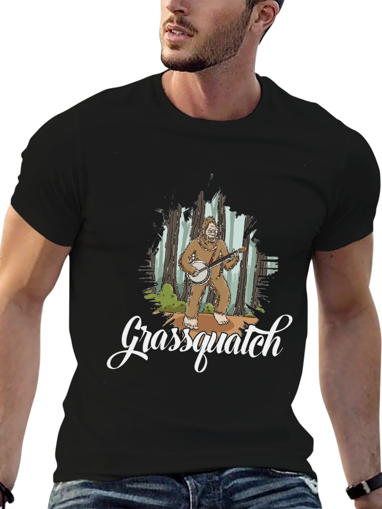 Grassquatch Graphic T-Shirt - Bigfoot Banjo Design