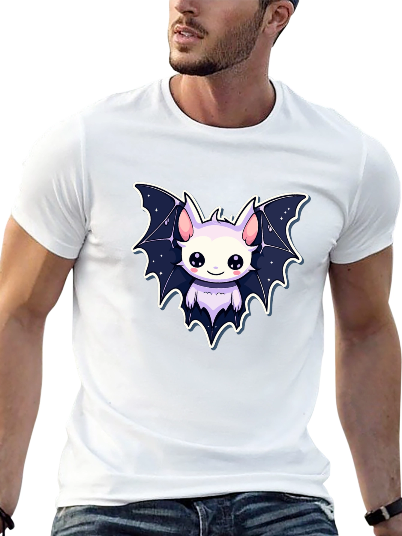 Cute Cartoon Bat Graphic Tee - Black Cotton Shirt