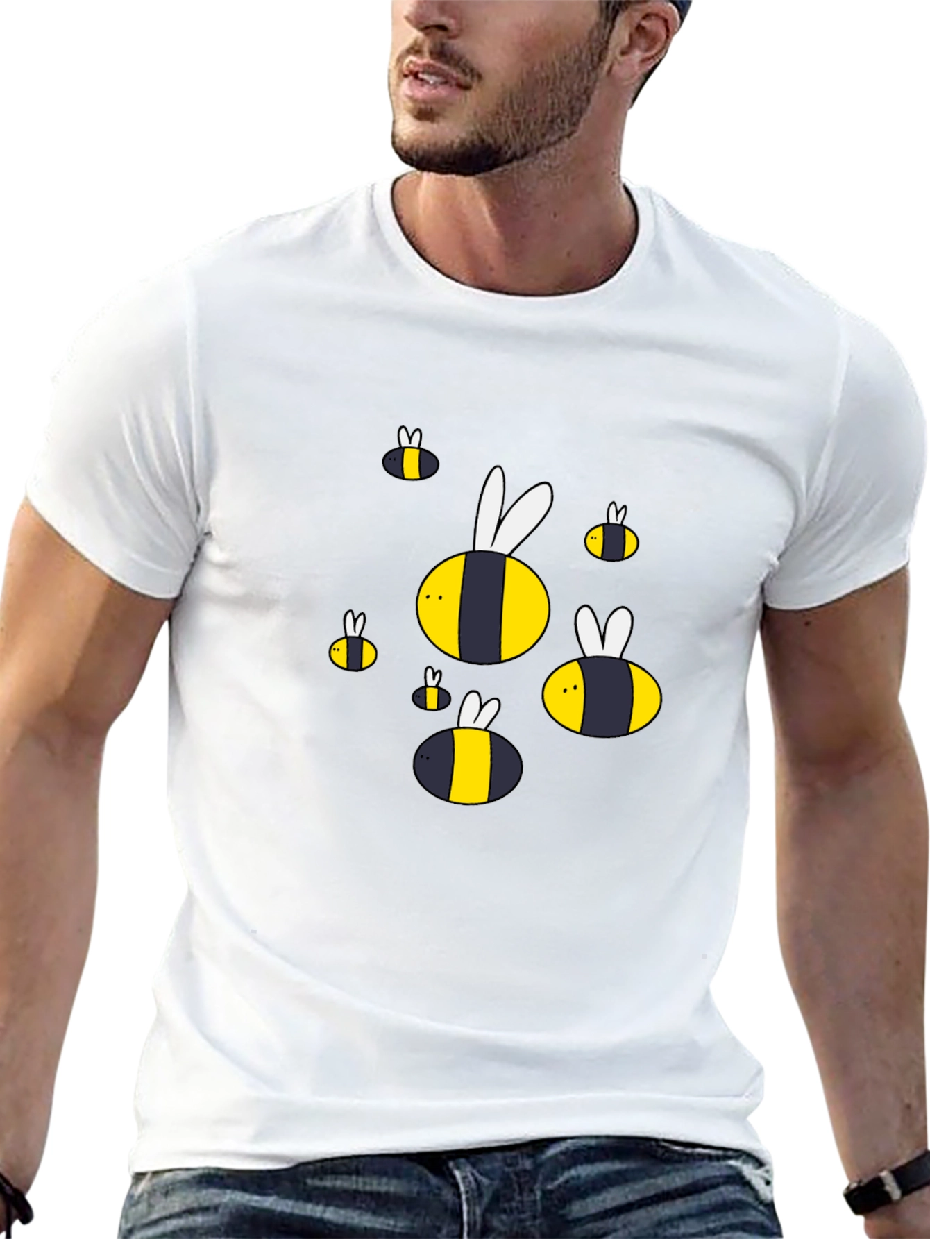 Cartoon Bee Graphic T-Shirt - Black Cotton Blend