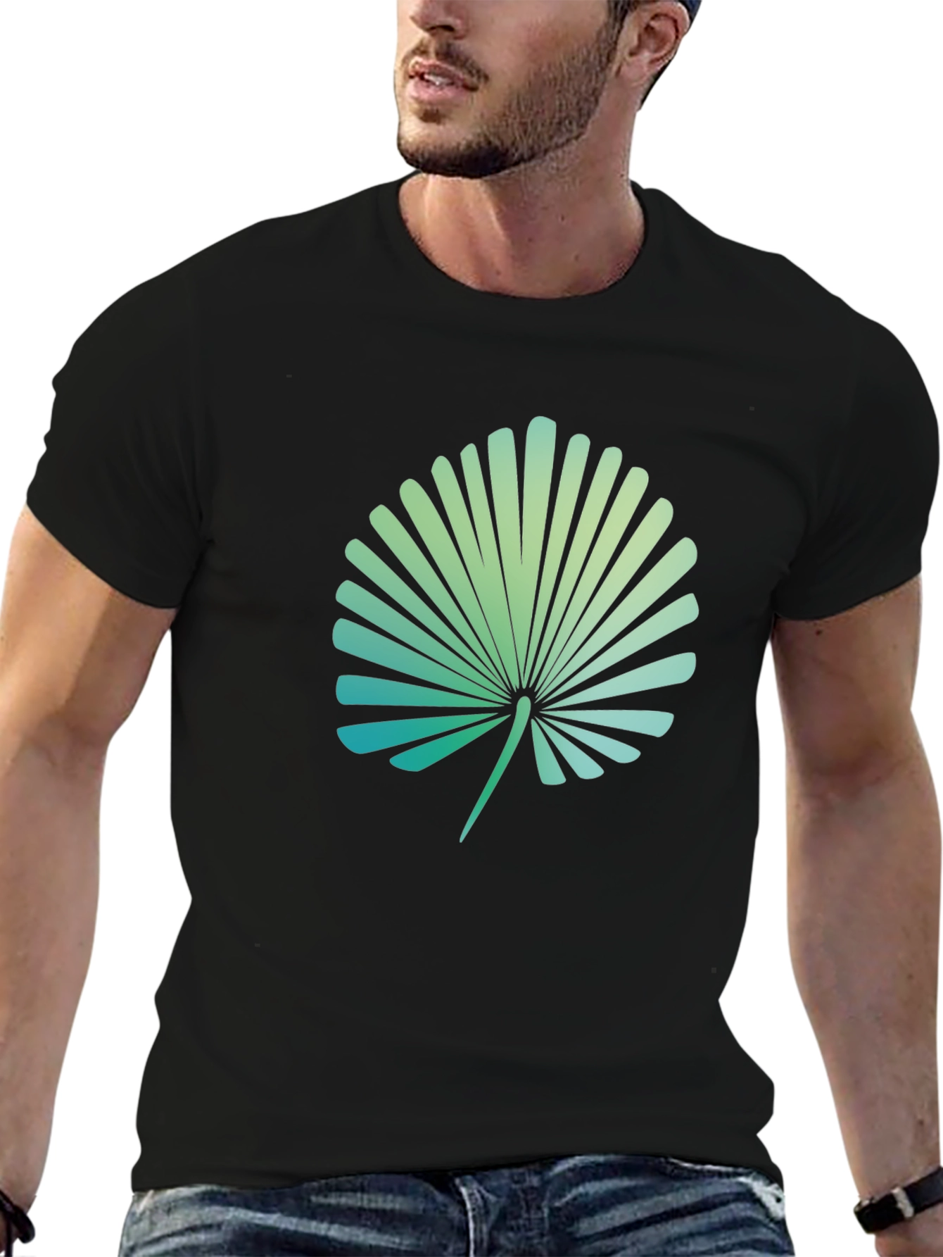 Tropical Leaf Print Black T-Shirt