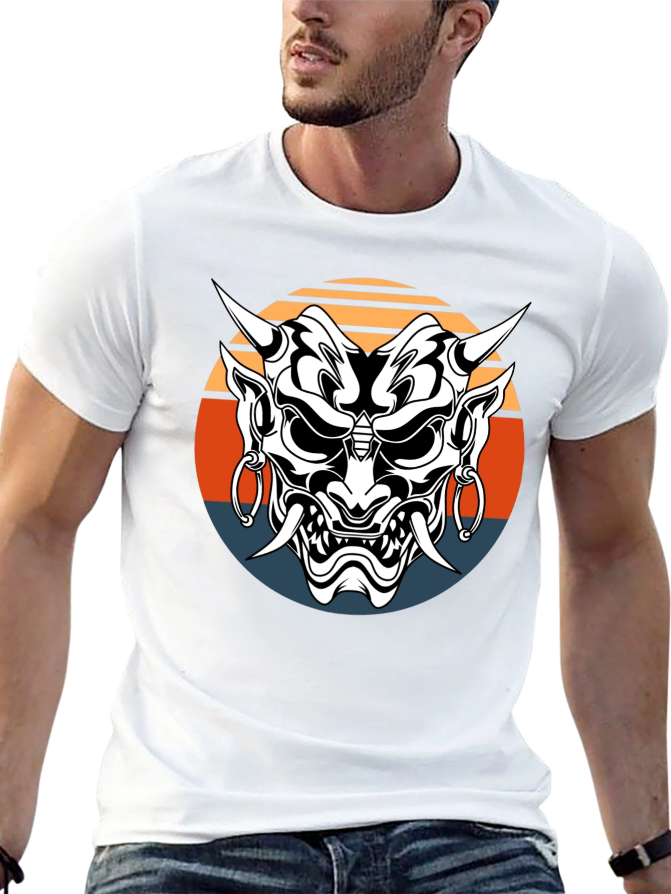 Japanese Oni Mask Graphic Tee - Black Cotton T-Shirt