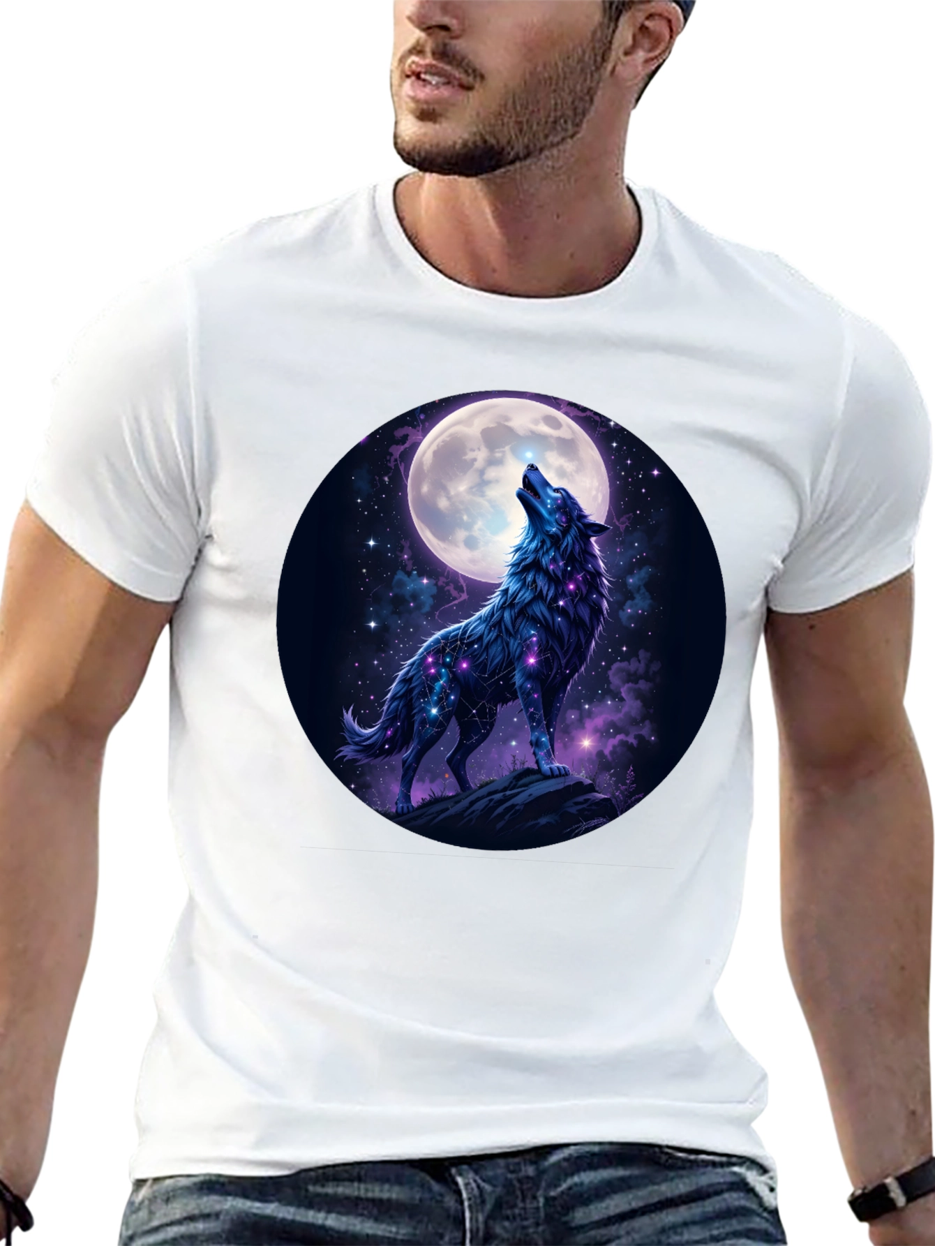 Wolf Howling at Moon Graphic Tee - Black Cotton