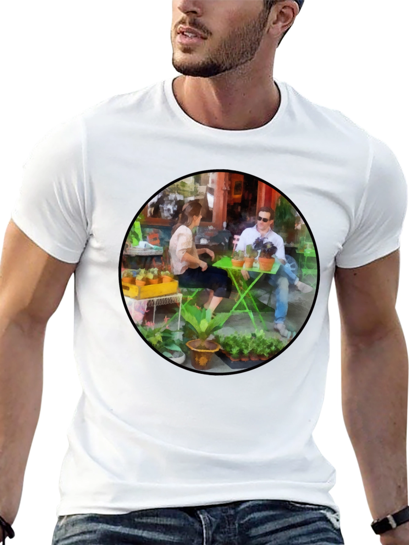 Artistic Cafe Scene Graphic Tee - Unique Design