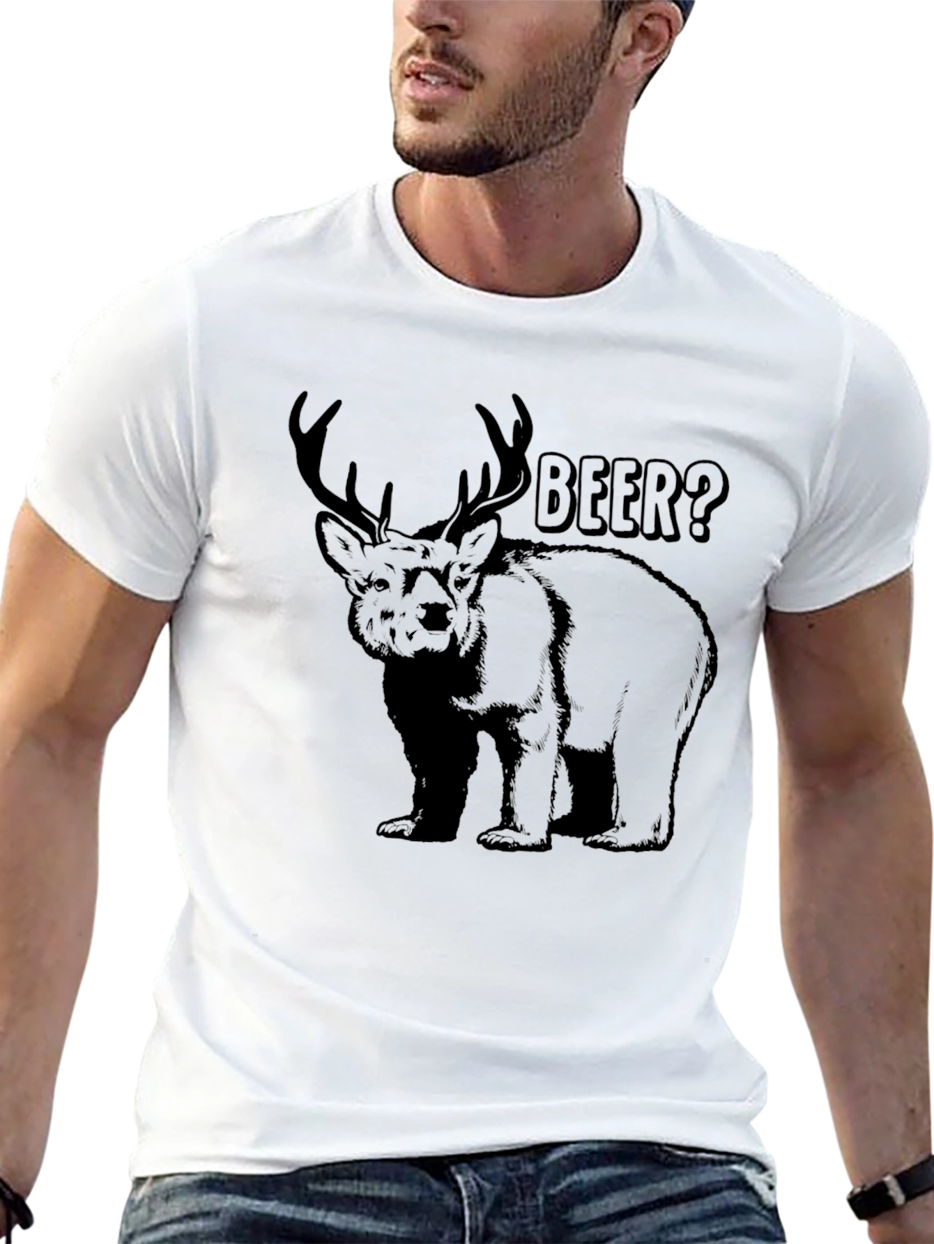 Mens Black Beer? Deer/Bear Graphic T-Shirt