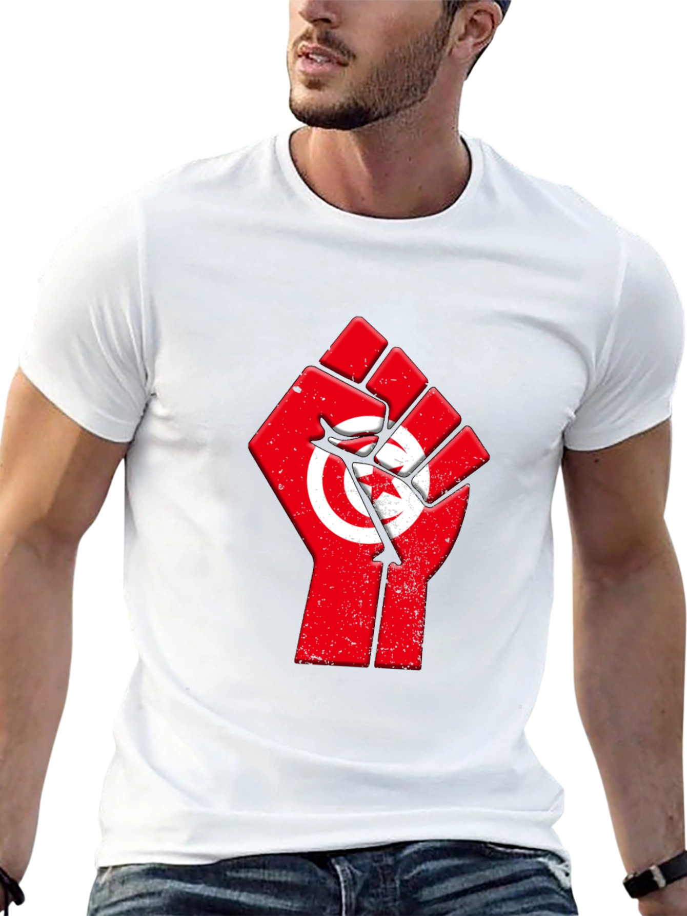 Tunisia Flag Fist T-Shirt - Black Cotton Graphic Tee