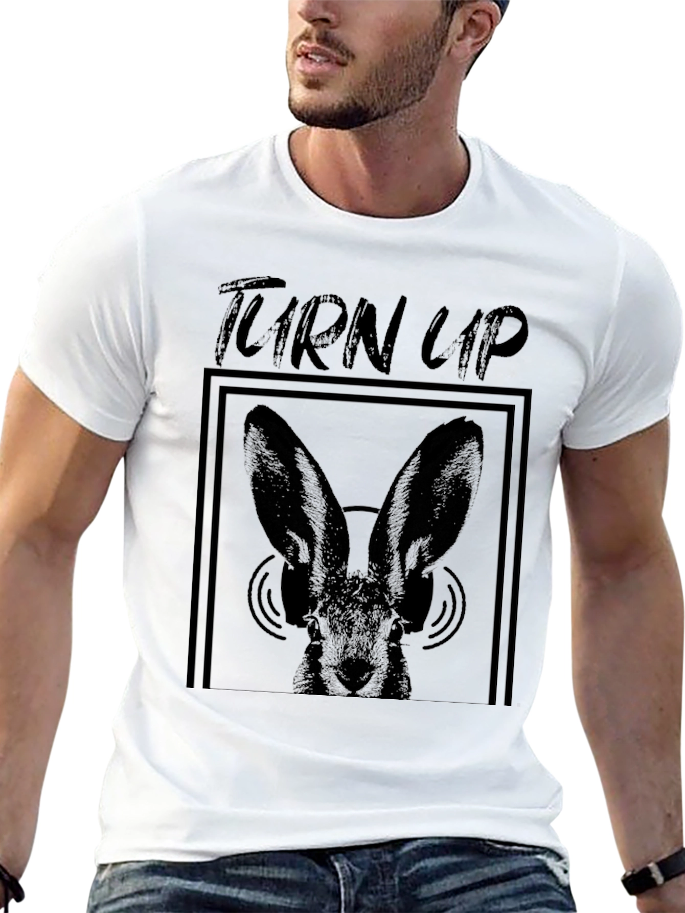 Turn Up Rabbit Graphic Black T-Shirt