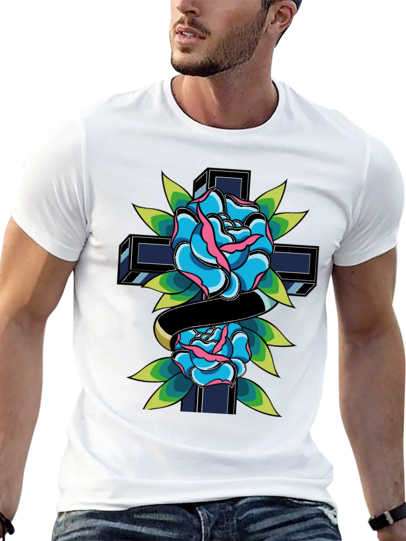 Rose & Cross Graphic Tee - Classic Tattoo Style