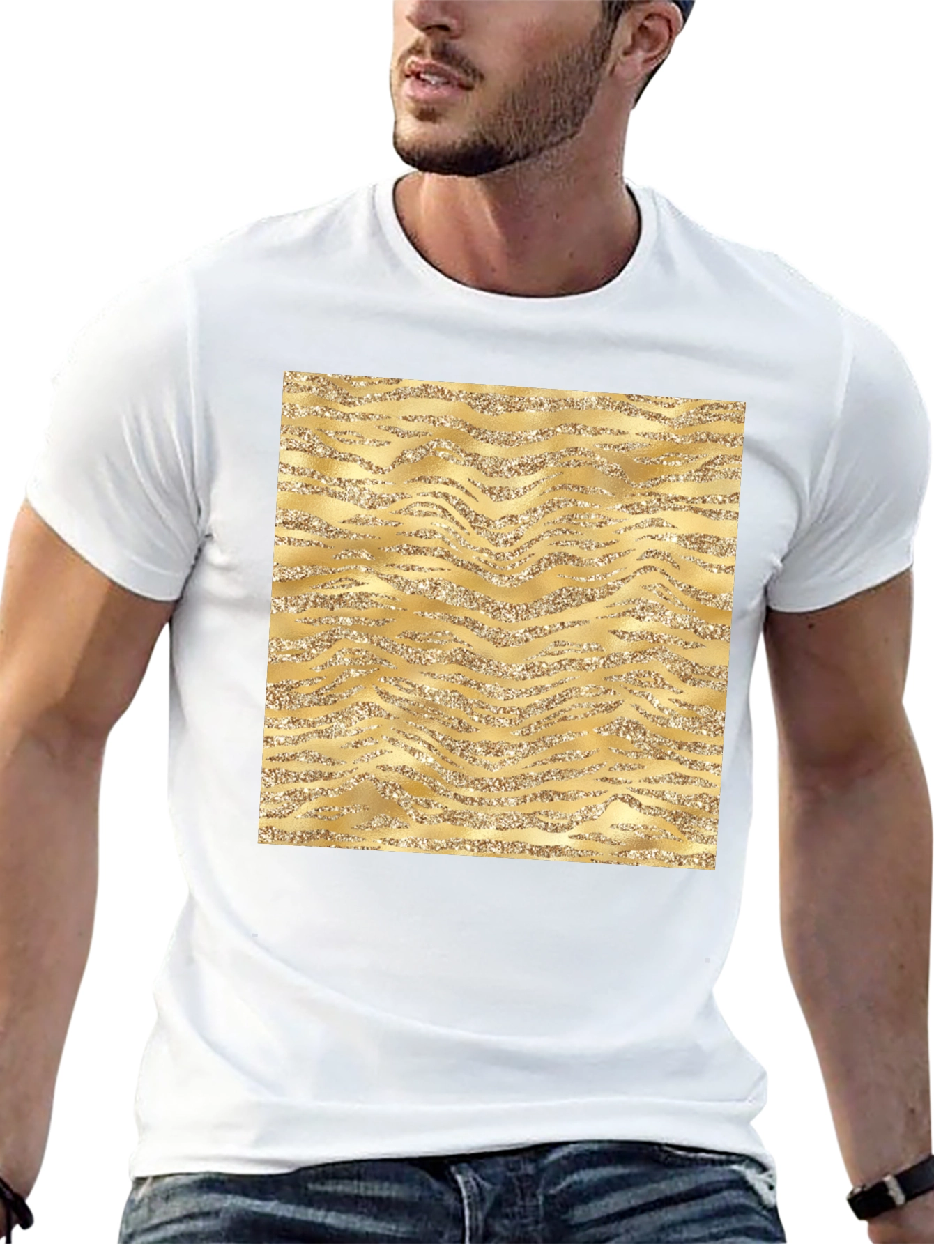 Gold Glitter Zebra Print Black T-Shirt