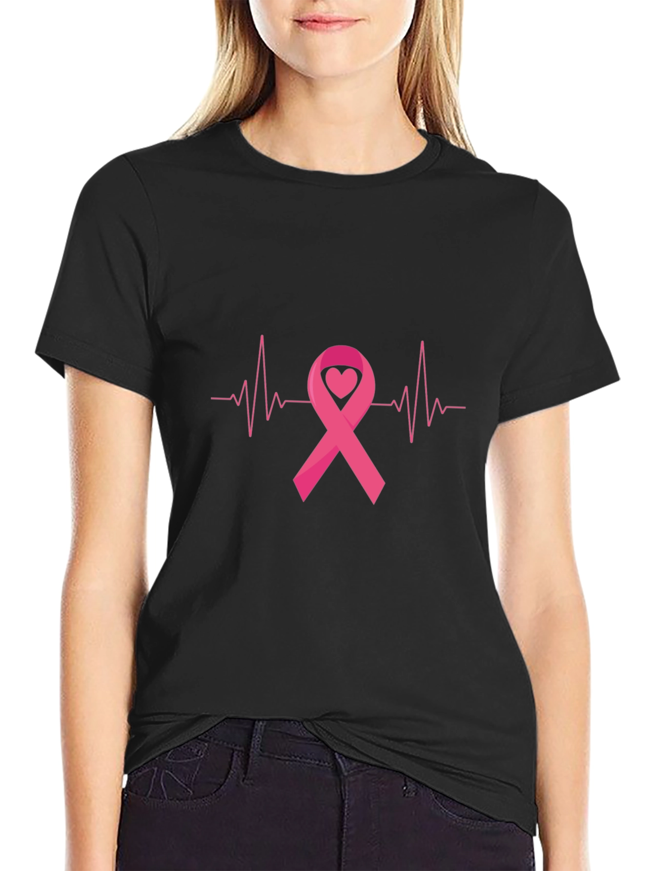 Breast Cancer Awareness Ribbon Heartbeat Black T-Shirt