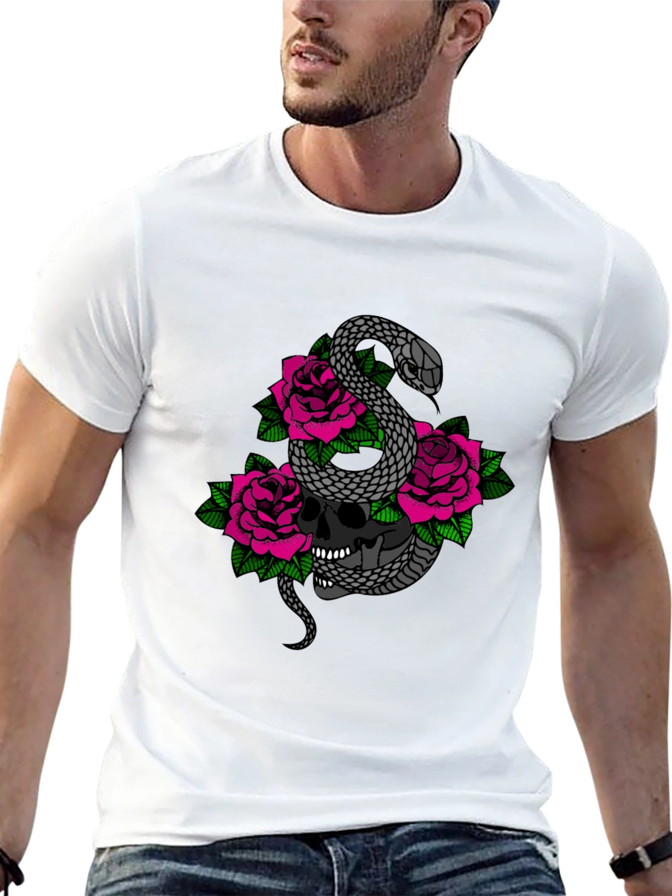 Skull Snake and Roses Graphic T-Shirt