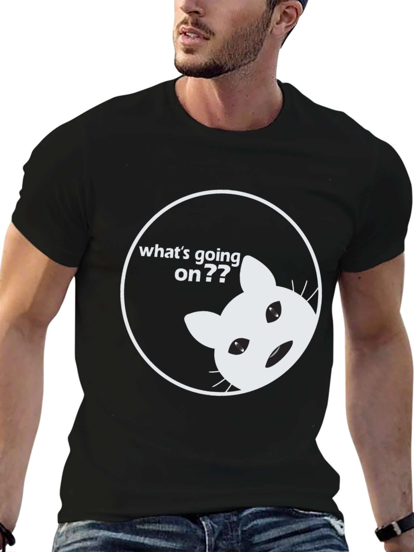 Funny Cat Whats Going On Black T-Shirt