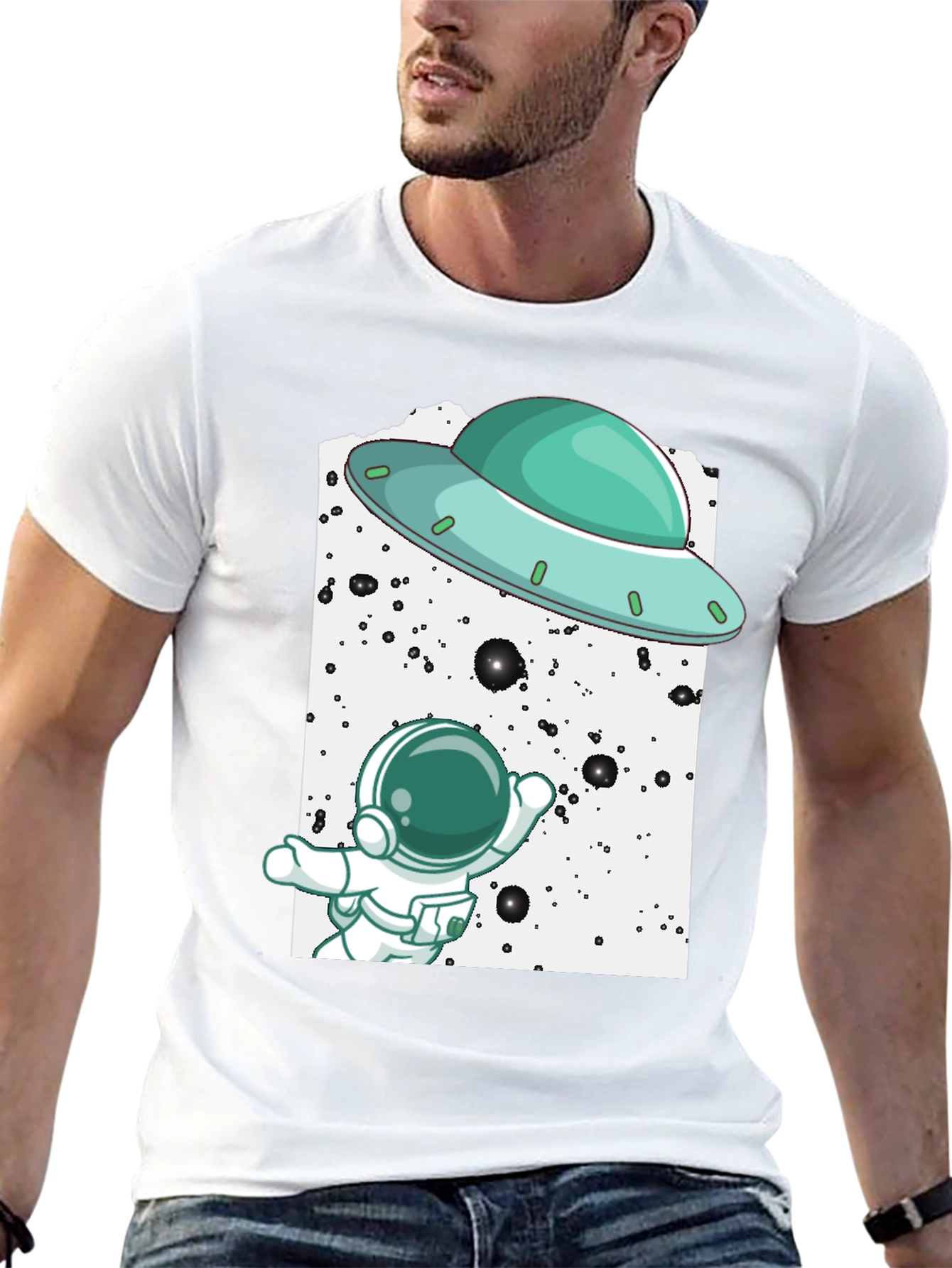 Astronaut UFO Graphic Tee - Black Cotton T-Shirt