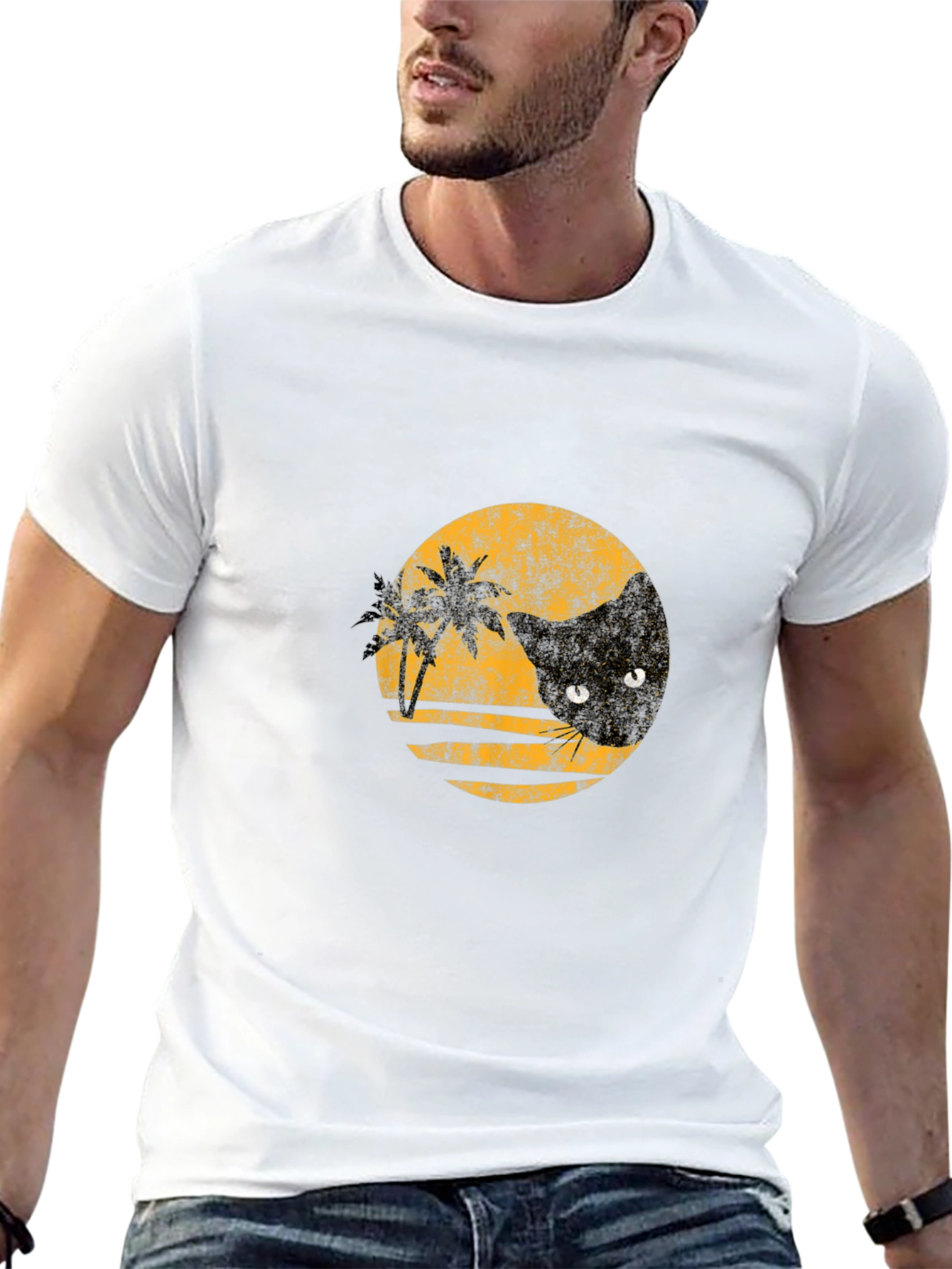 Retro Cat & Palms Graphic Black T-Shirt