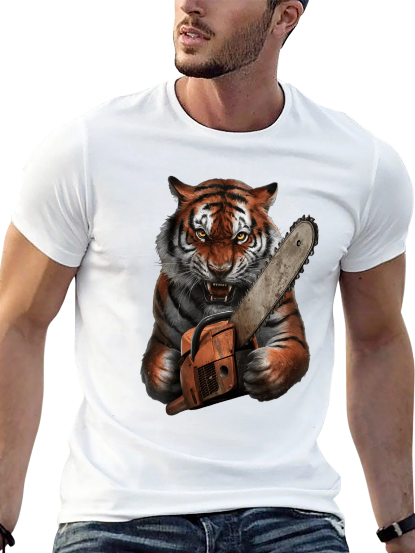 Tiger with Chainsaw Graphic Tee - Black