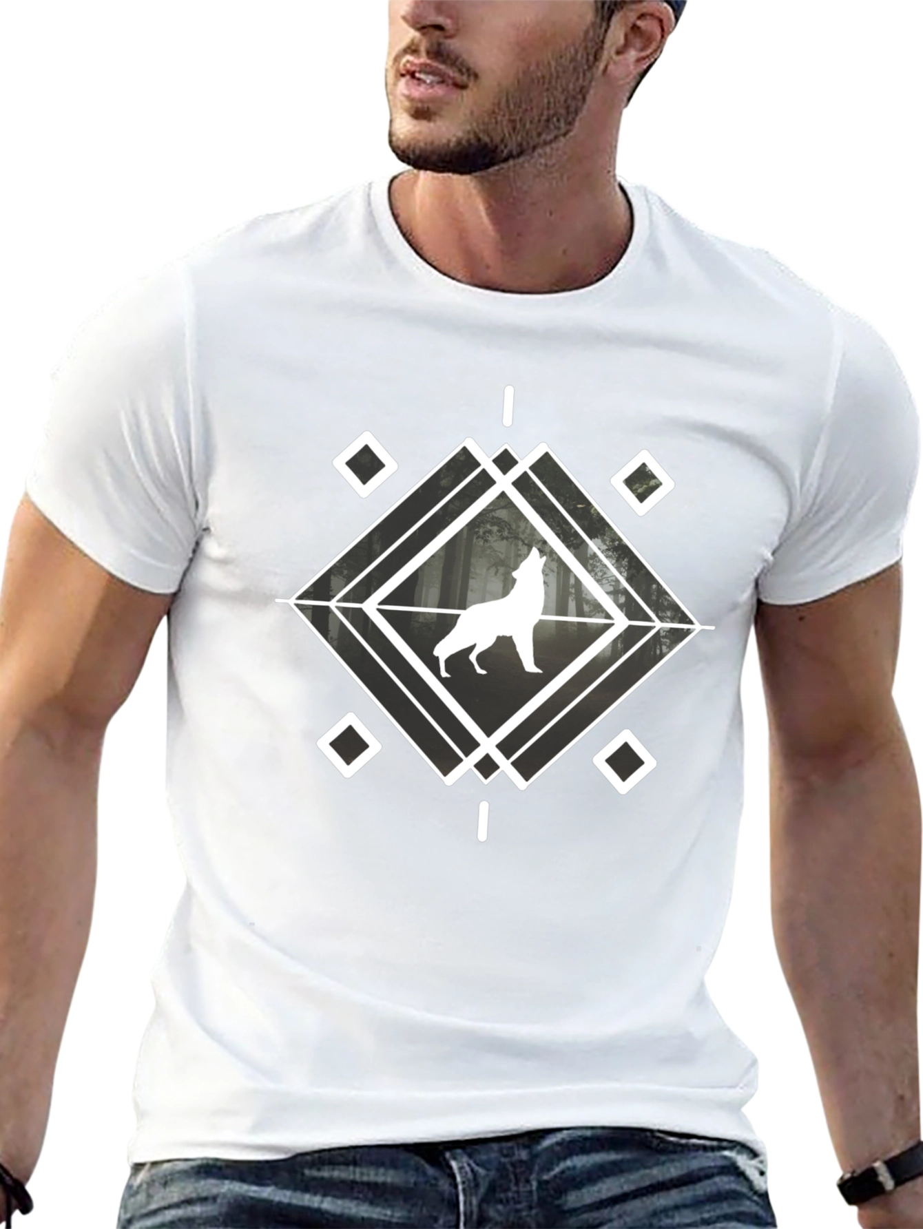 Wolf Graphic Tee - Geometric Design Black Cotton Blend