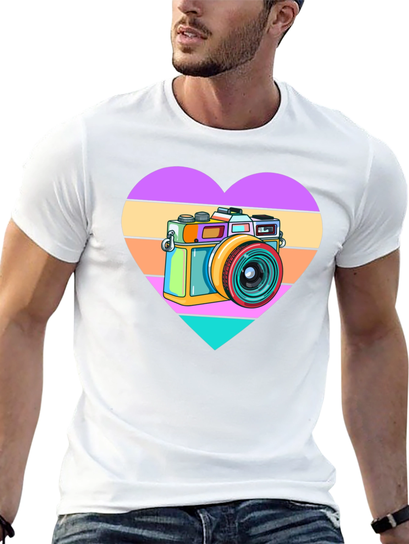 Retro Camera Heart Graphic Tee - Black Cotton T-Shirt