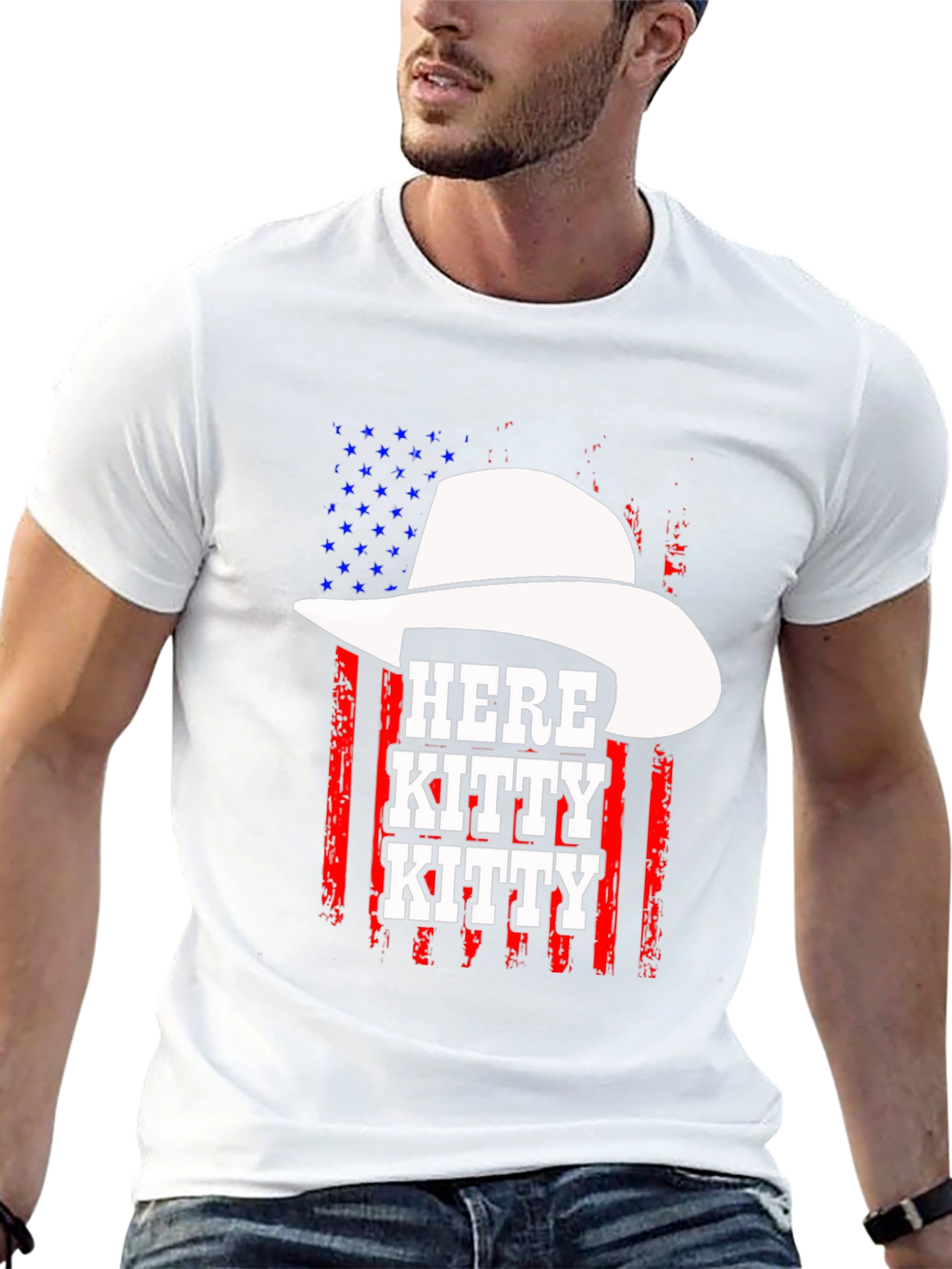 Here Kitty Kitty Cowboy USA Flag T-Shirt