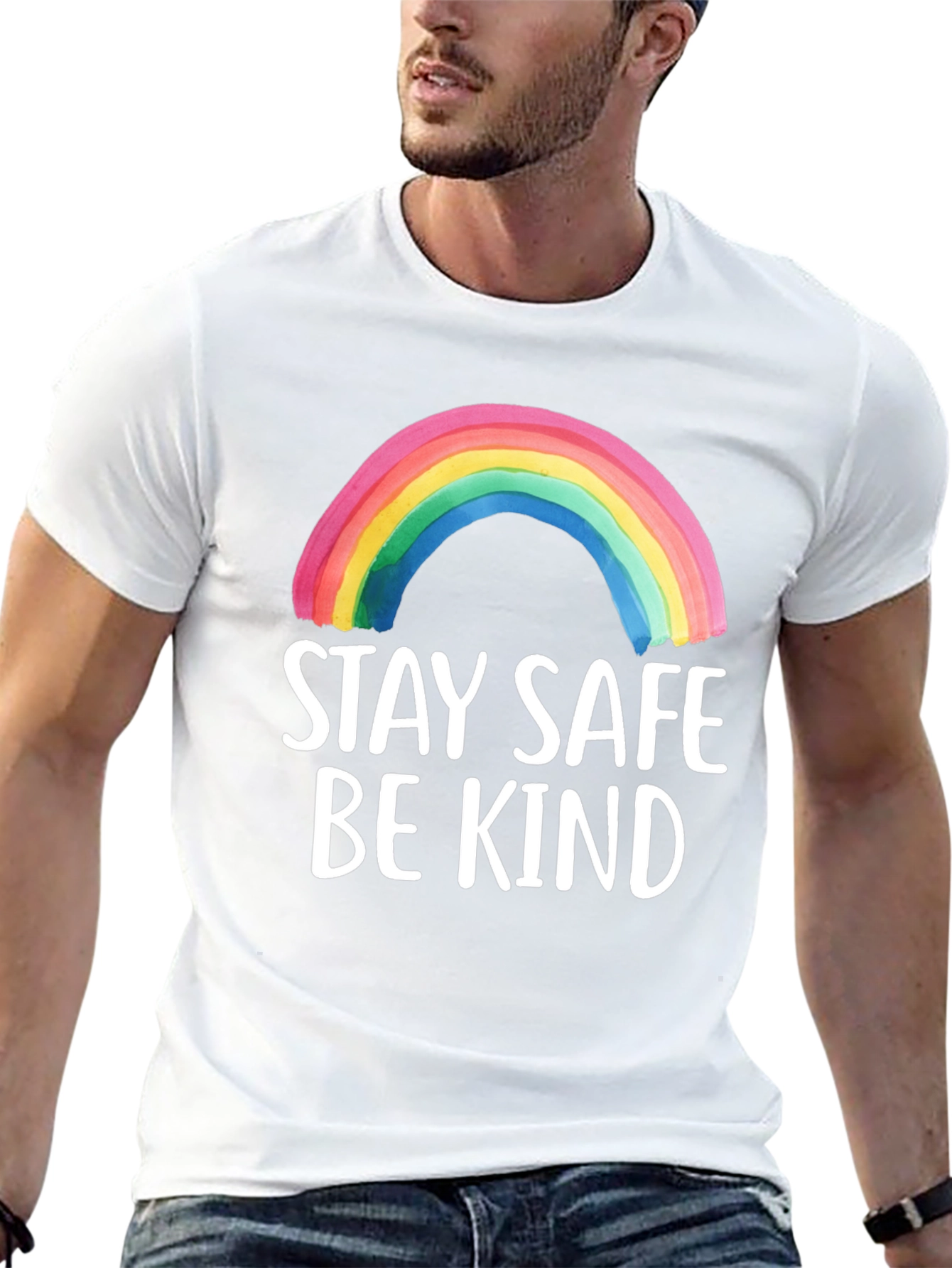 Stay Safe Be Kind Rainbow Graphic Tee
