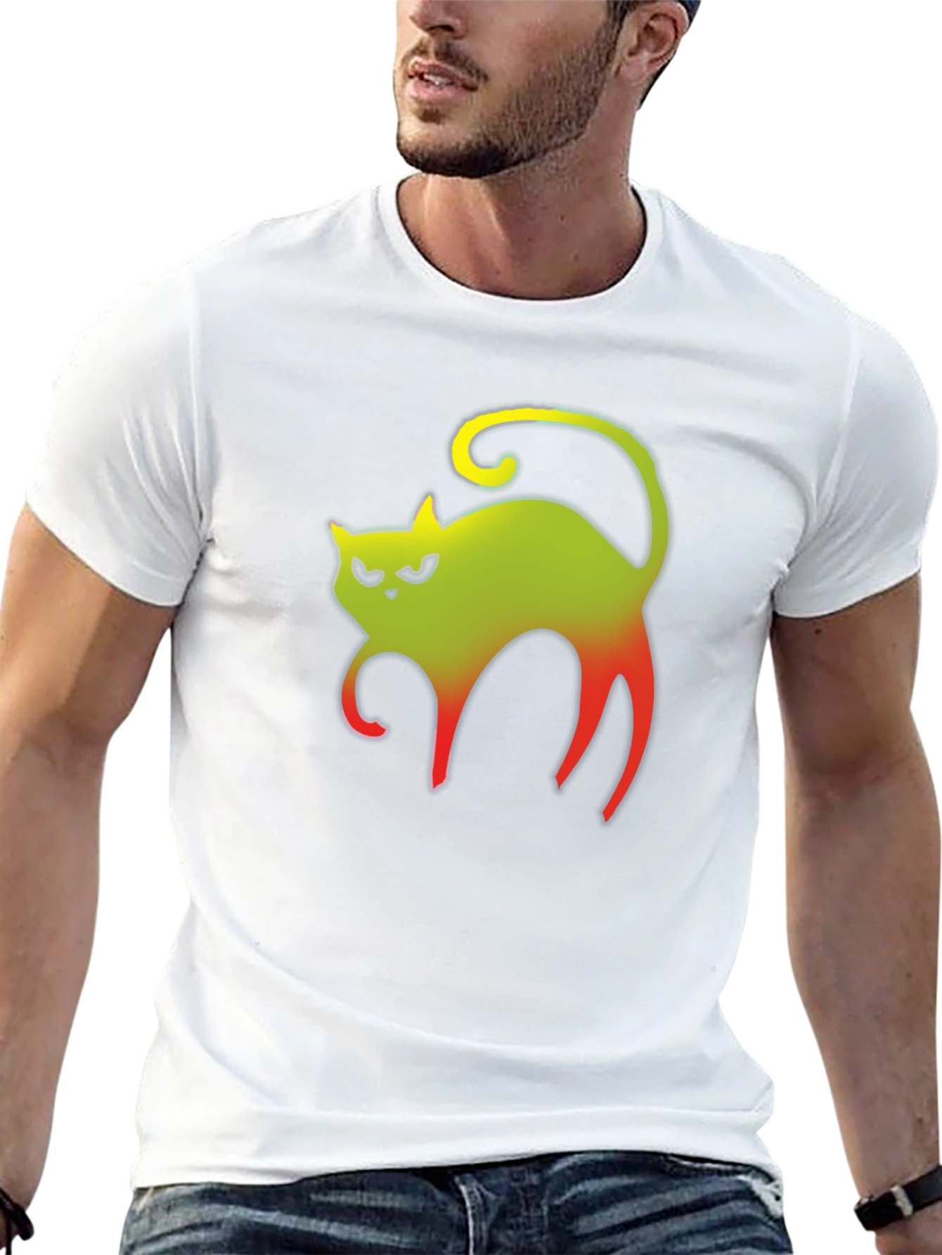 Grumpy Gradient Cat Graphic Tee - Black Cotton T-Shirt