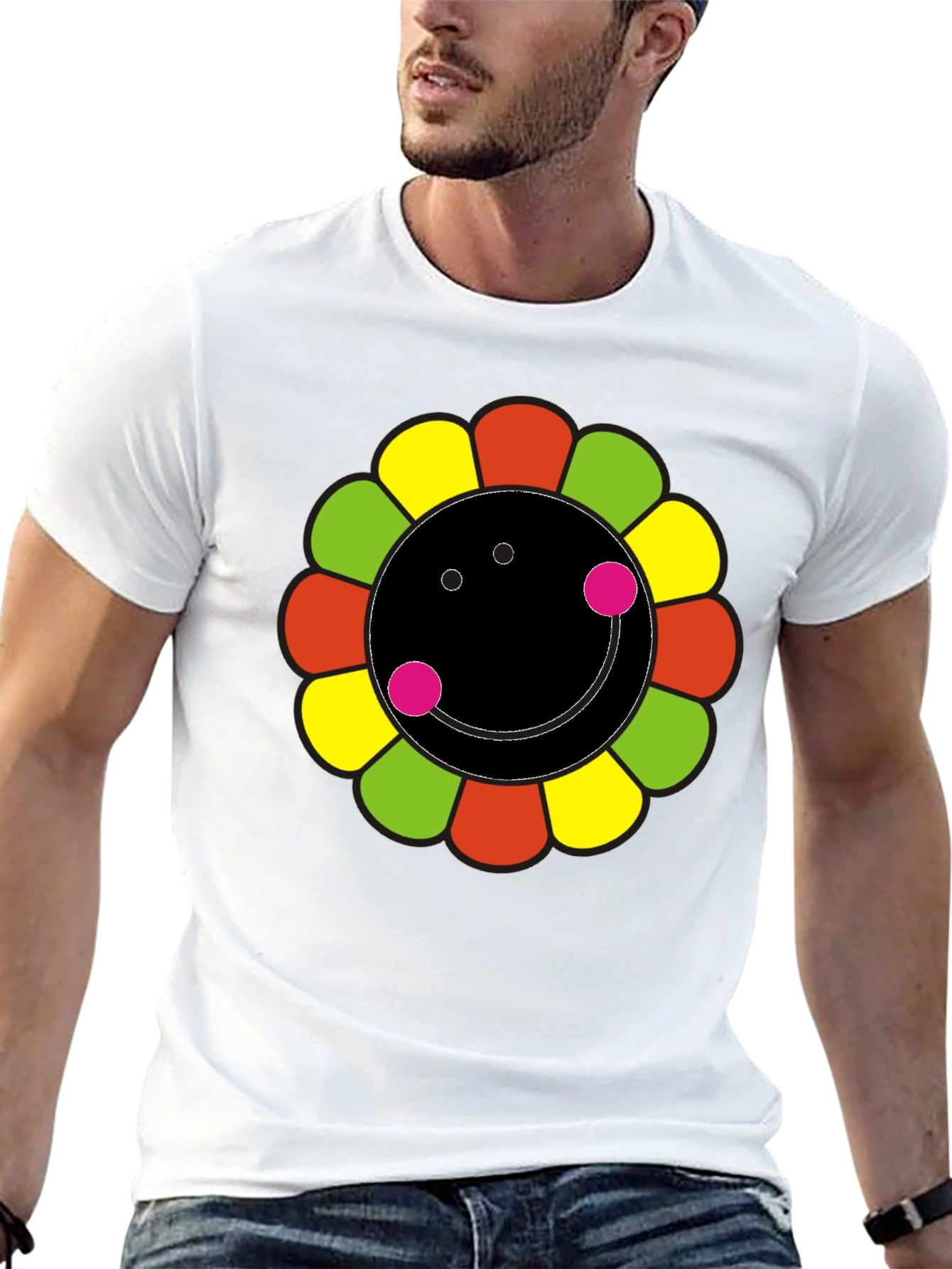 Funky Flower Smiley Black T-Shirt