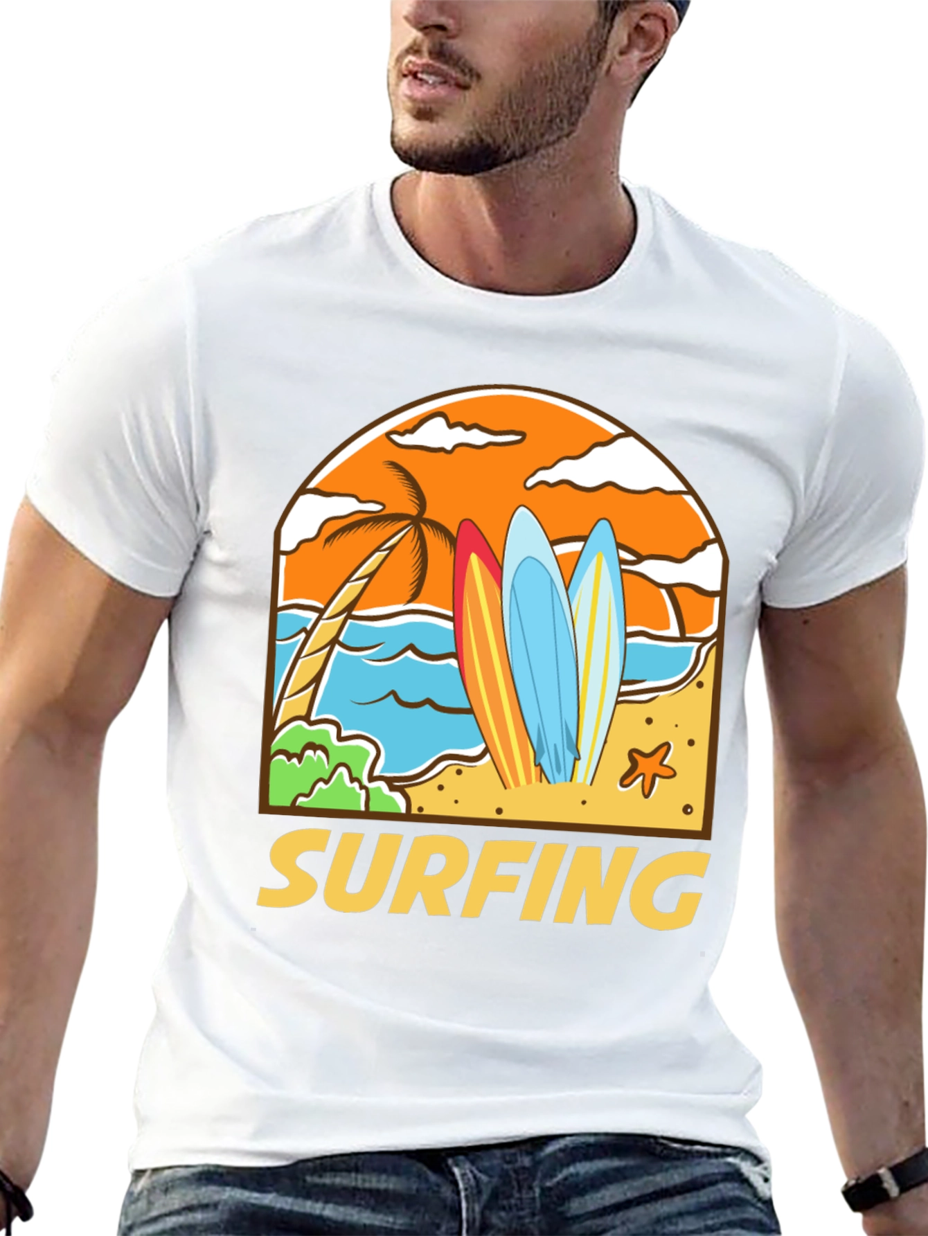 Surfing Beach T-Shirt - Black Cotton Tee