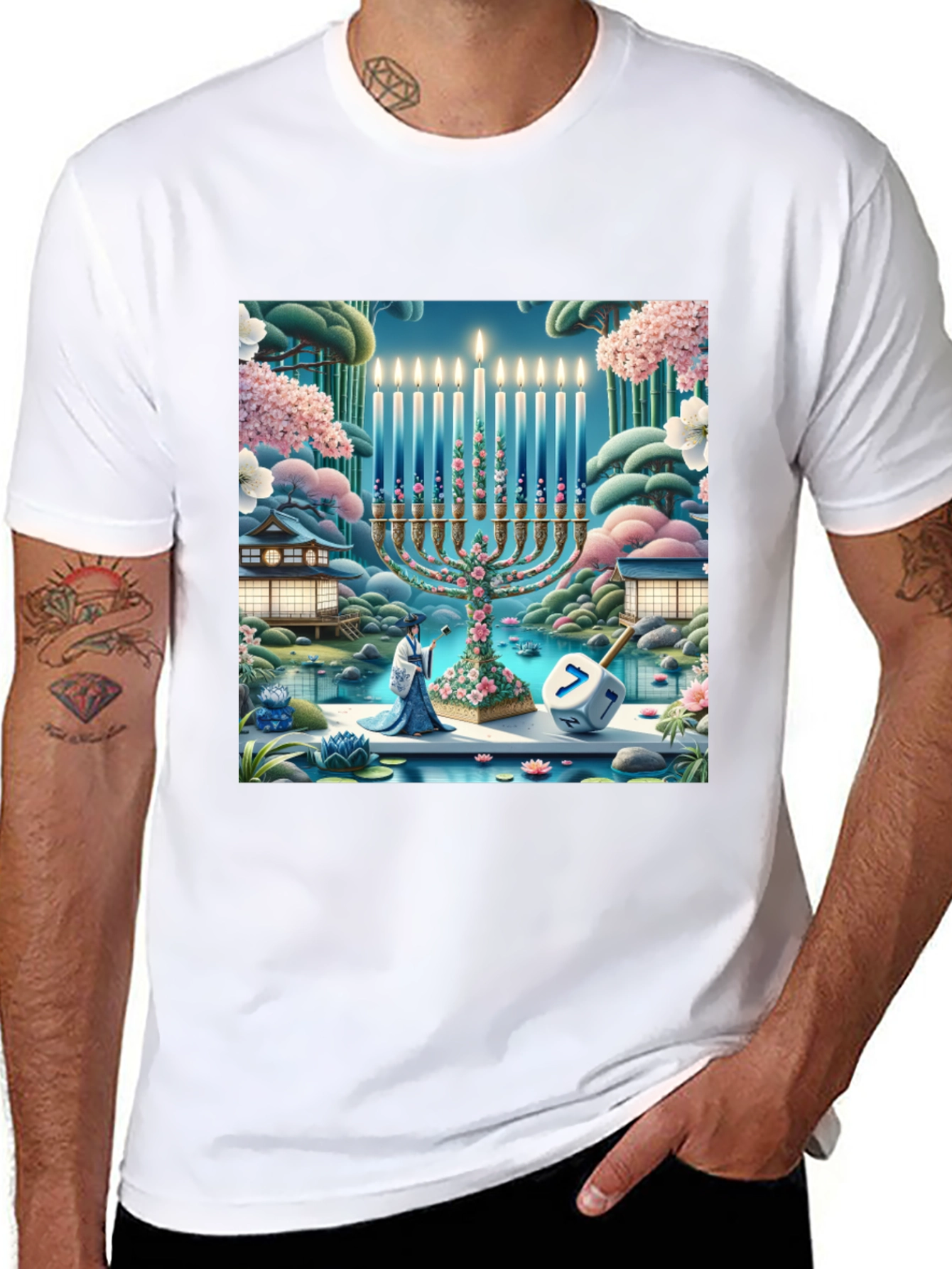 Hanukkah Menorah T-Shirt - Japanese Garden Dreidel Design