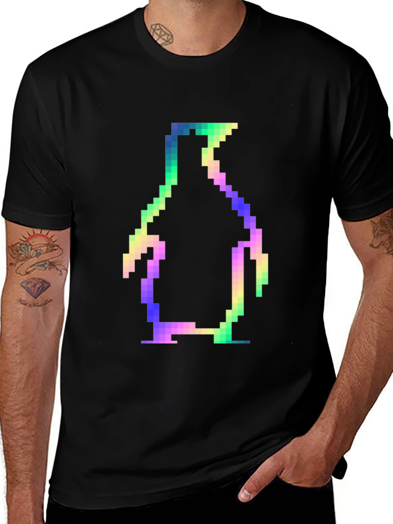 Retro Pixel Penguin Black T-Shirt