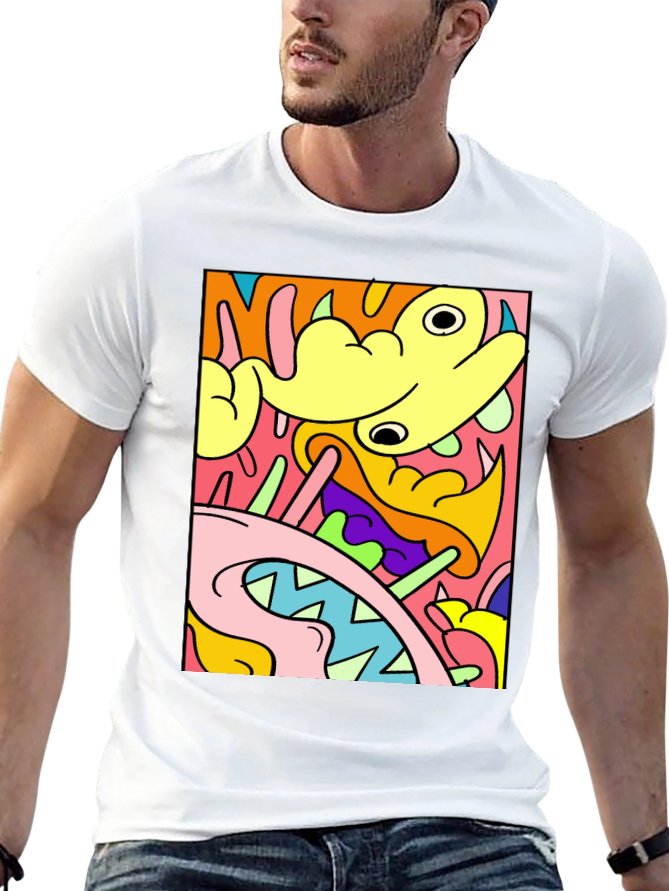 Abstract Cartoon Graphic T-Shirt - Bold Black Tee