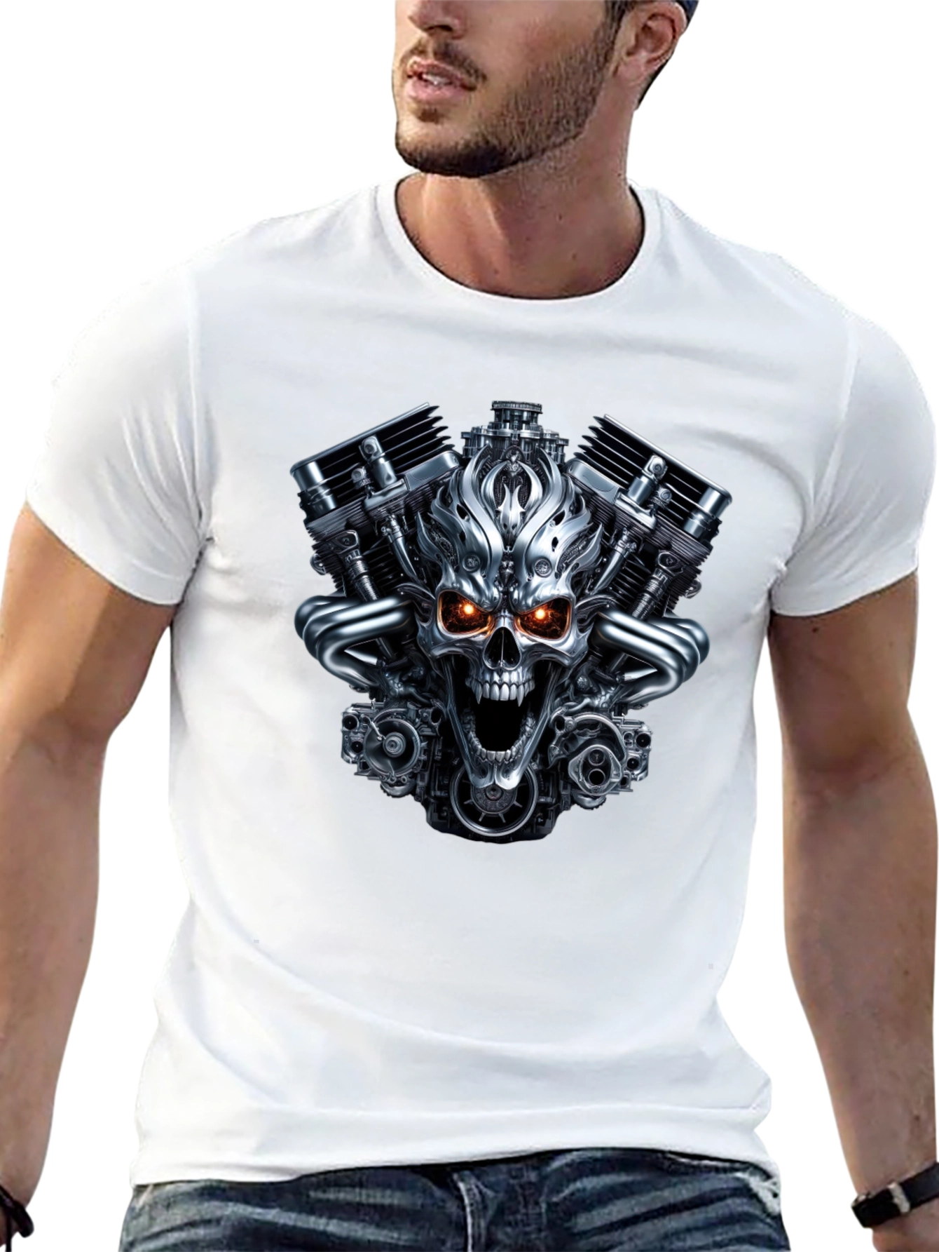Skull Engine Graphic T-Shirt - Bold Biker Style