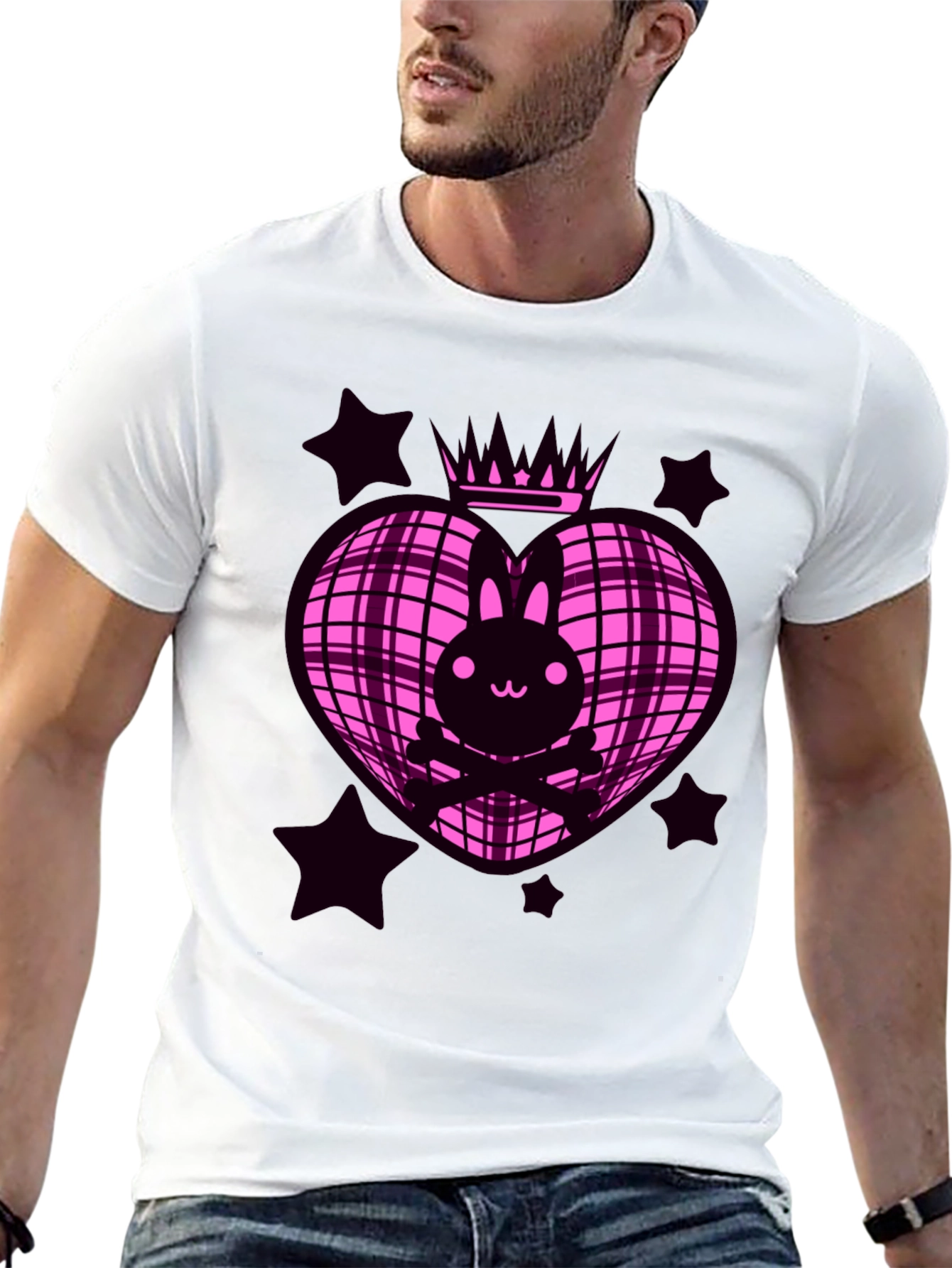 Bunny Crown Heart Graphic Tee - Pink & Black