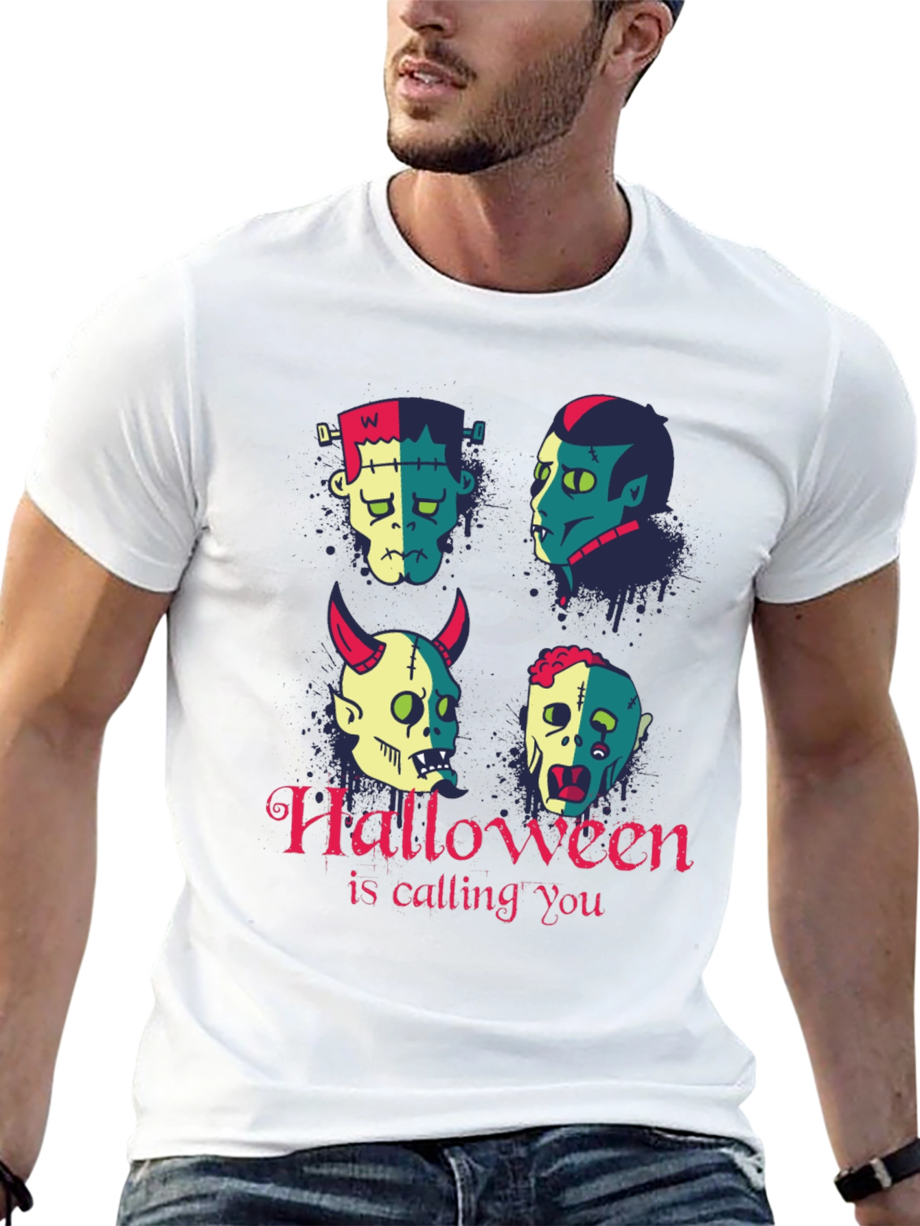 Halloween Monster Faces Graphic T-Shirt